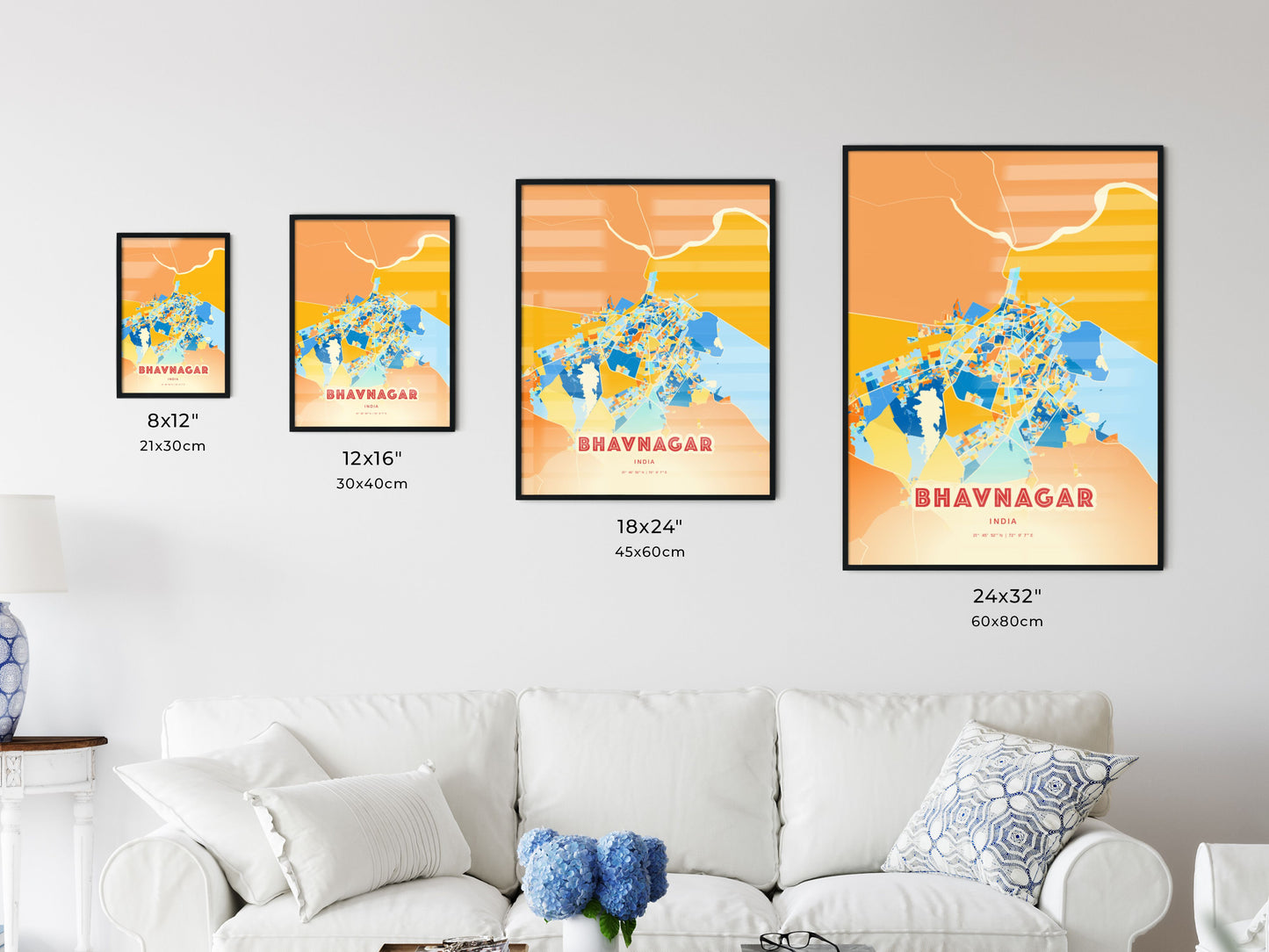 Colorful BHAVNAGAR INDIA Fine Art Map Blue Orange