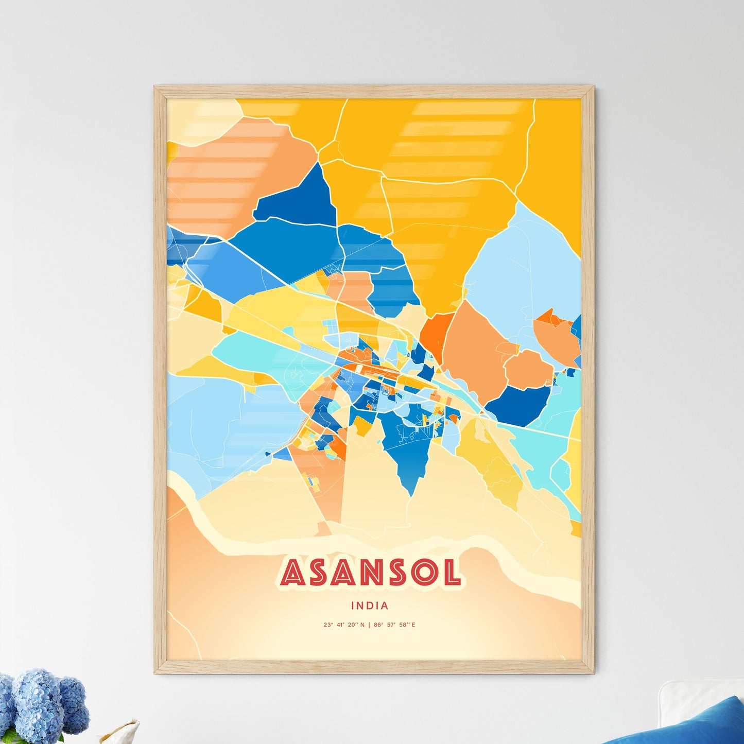 Colorful ASANSOL INDIA Fine Art Map Blue Orange