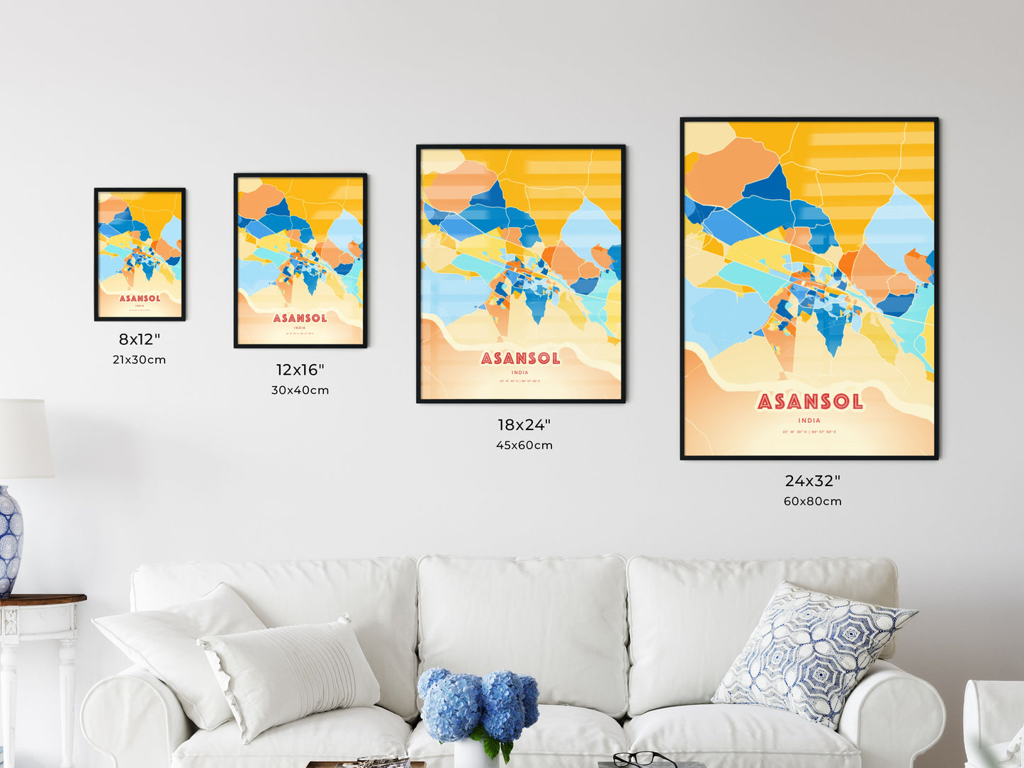 Colorful ASANSOL INDIA Fine Art Map Blue Orange