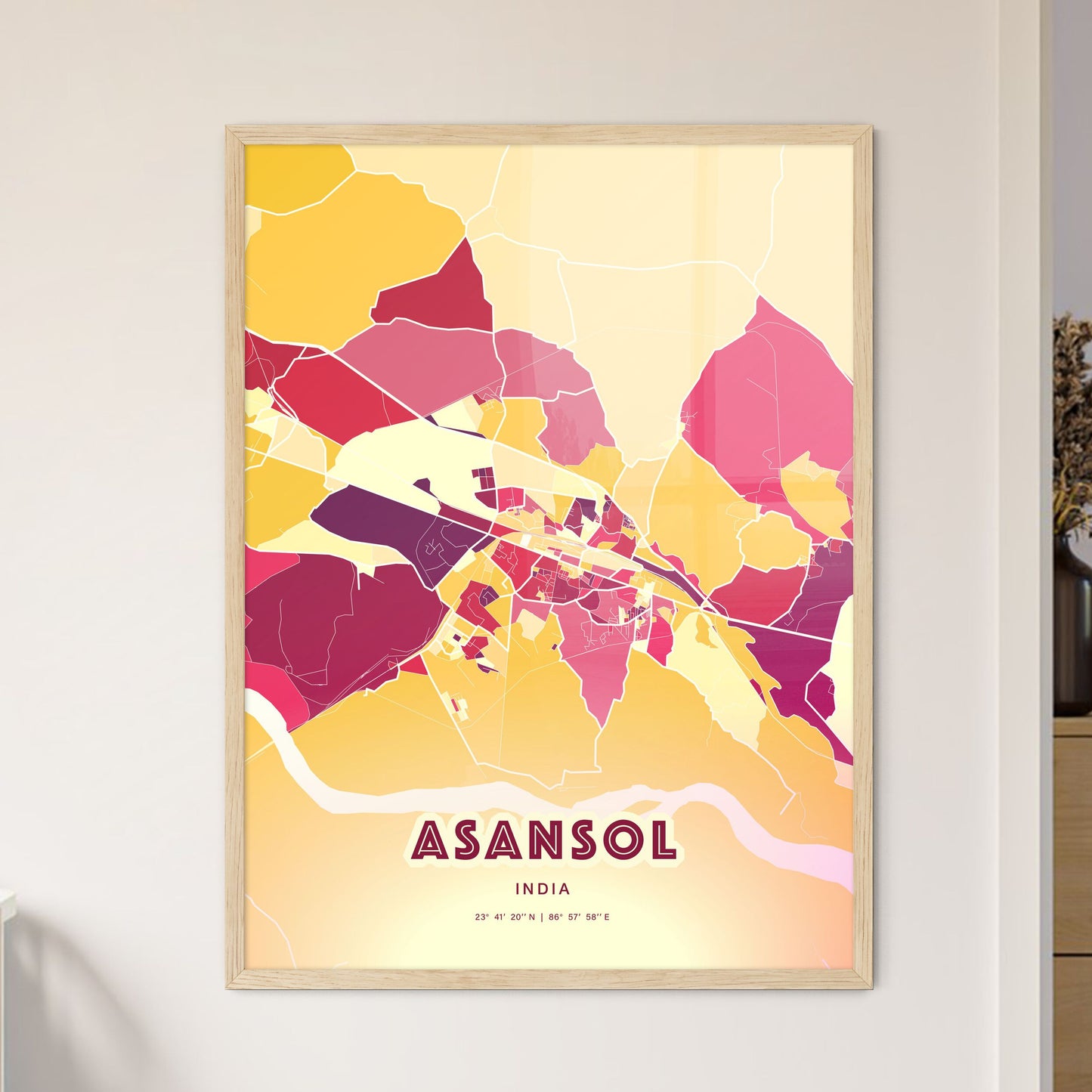 Colorful ASANSOL INDIA Fine Art Map Hot Red