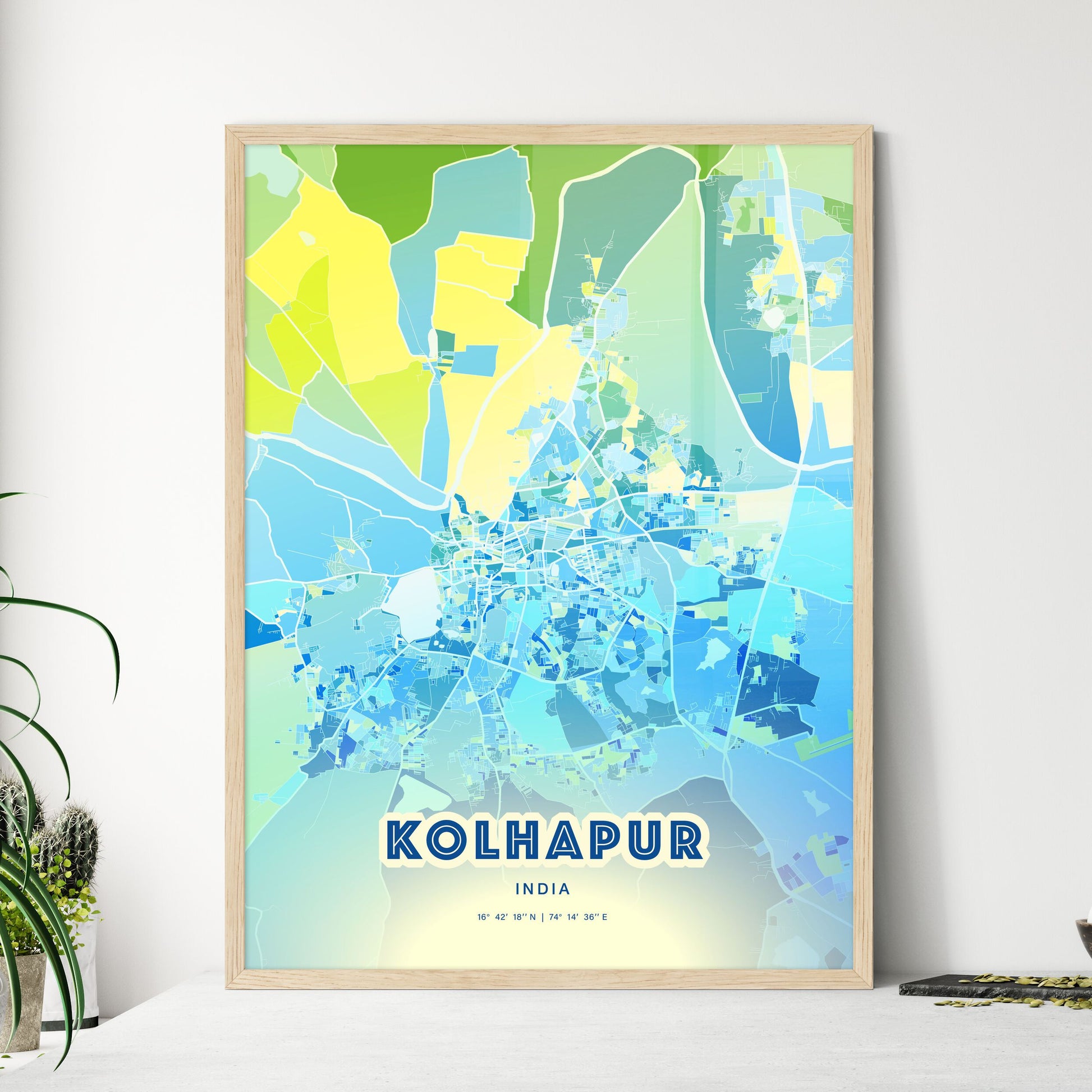 Colorful KOLHAPUR INDIA Fine Art Map Cool Blue