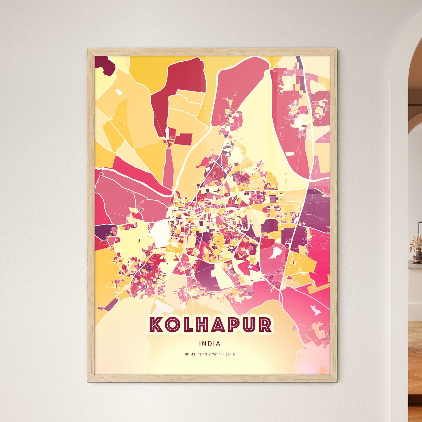 Colorful KOLHAPUR INDIA Fine Art Map Hot Red