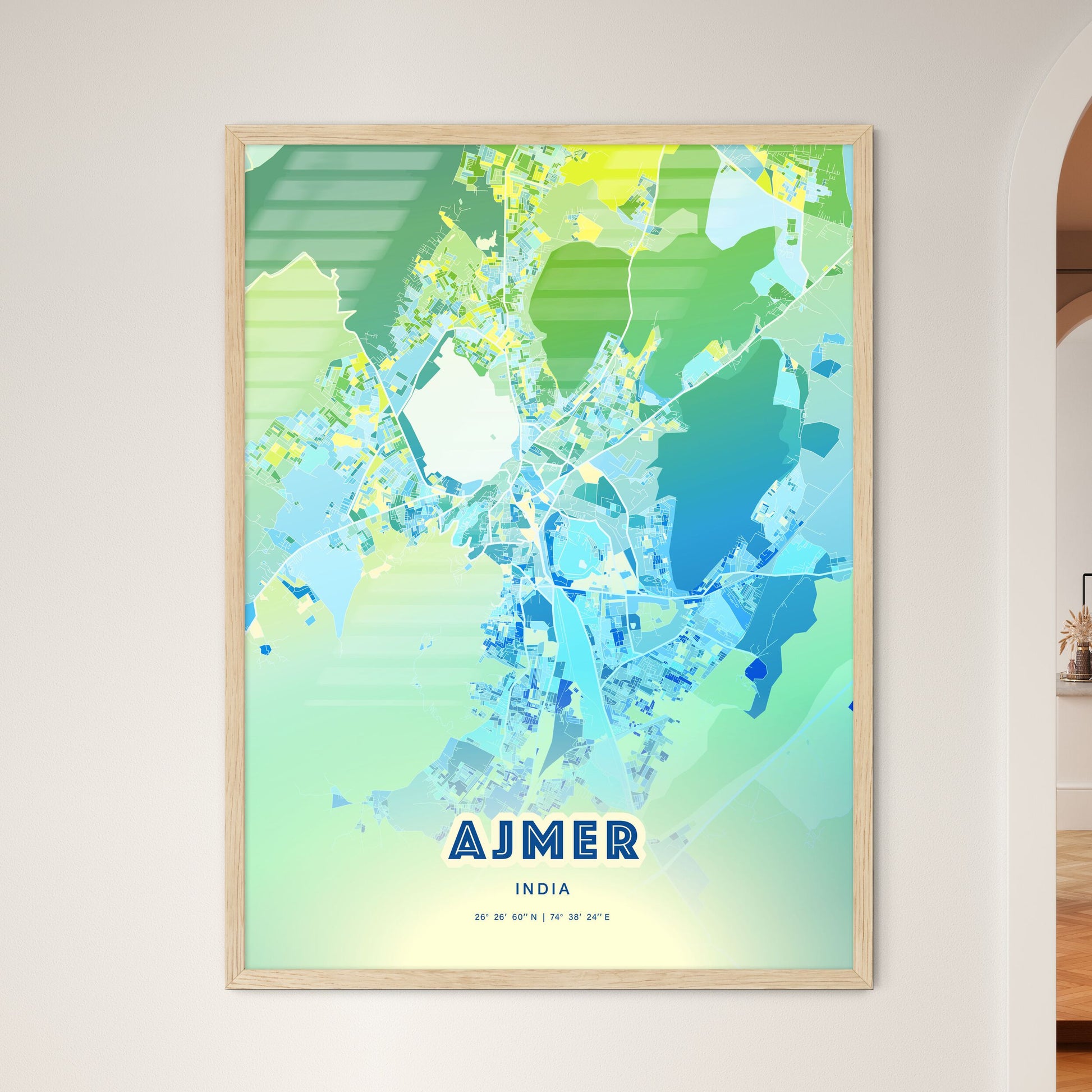 Colorful AJMER INDIA Fine Art Map Cool Blue