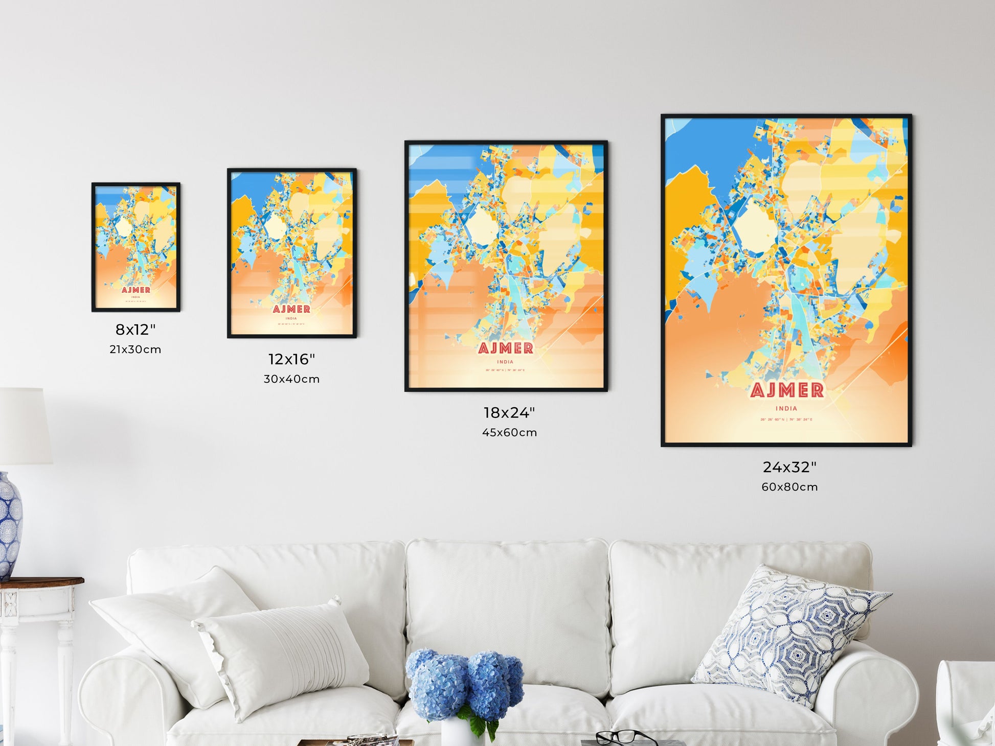 Colorful AJMER INDIA Fine Art Map Blue Orange