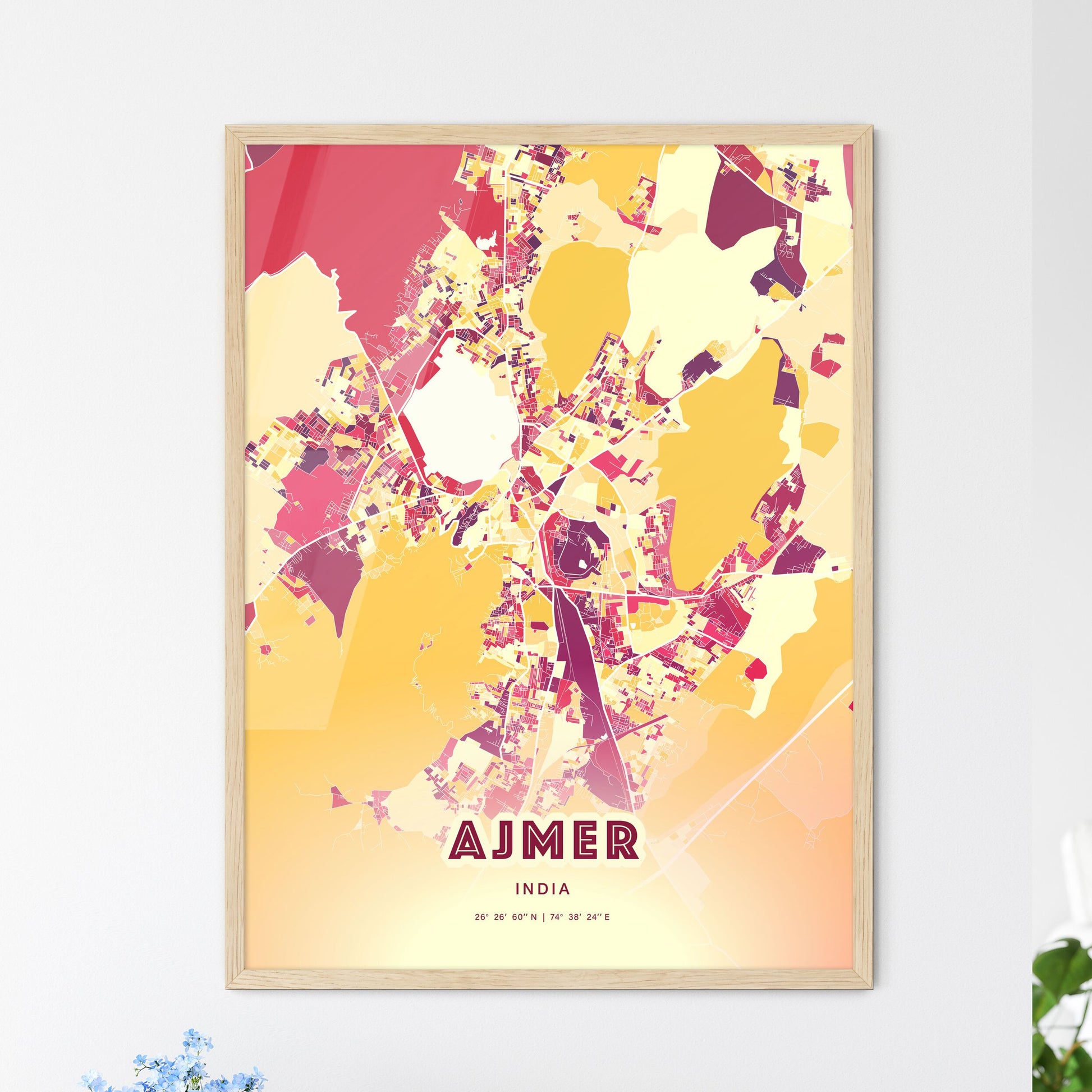 Colorful AJMER INDIA Fine Art Map Hot Red