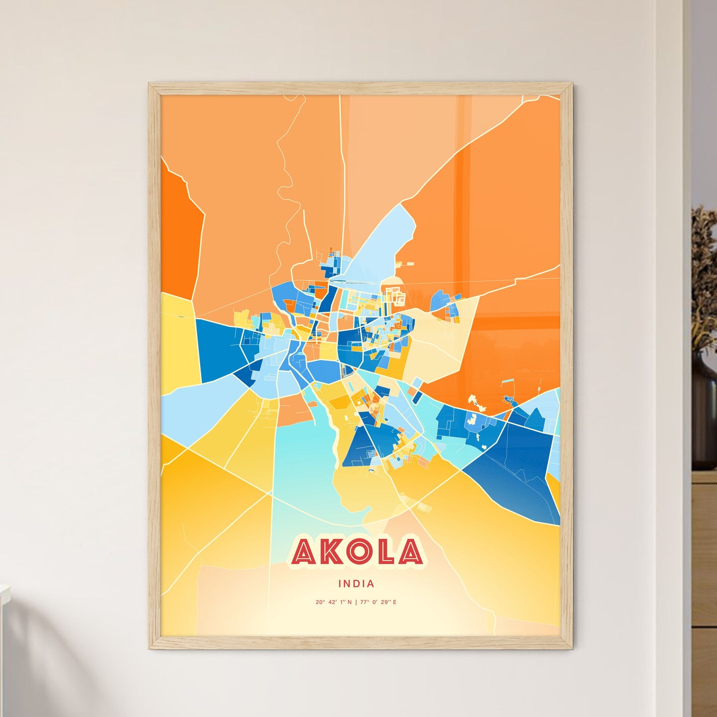 Colorful AKOLA INDIA Fine Art Map Blue Orange