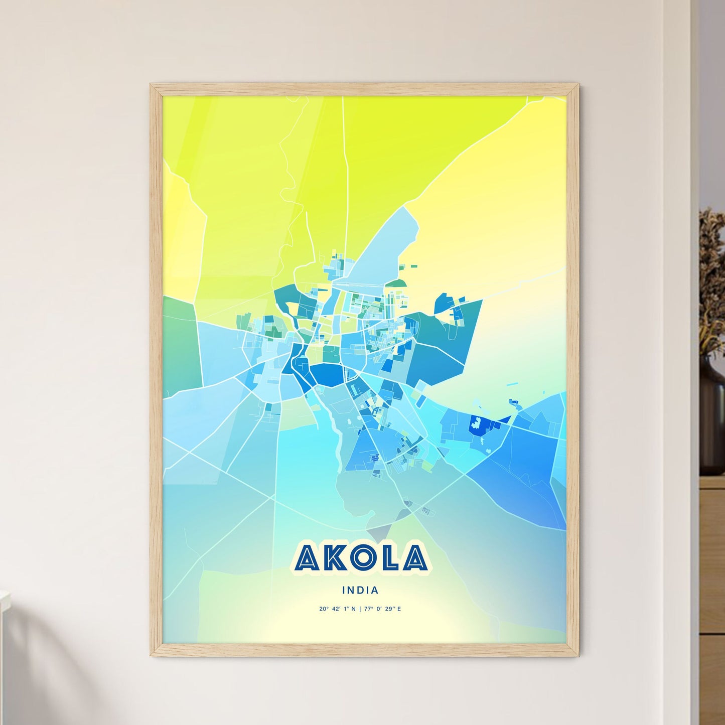 Colorful AKOLA INDIA Fine Art Map Cool Blue