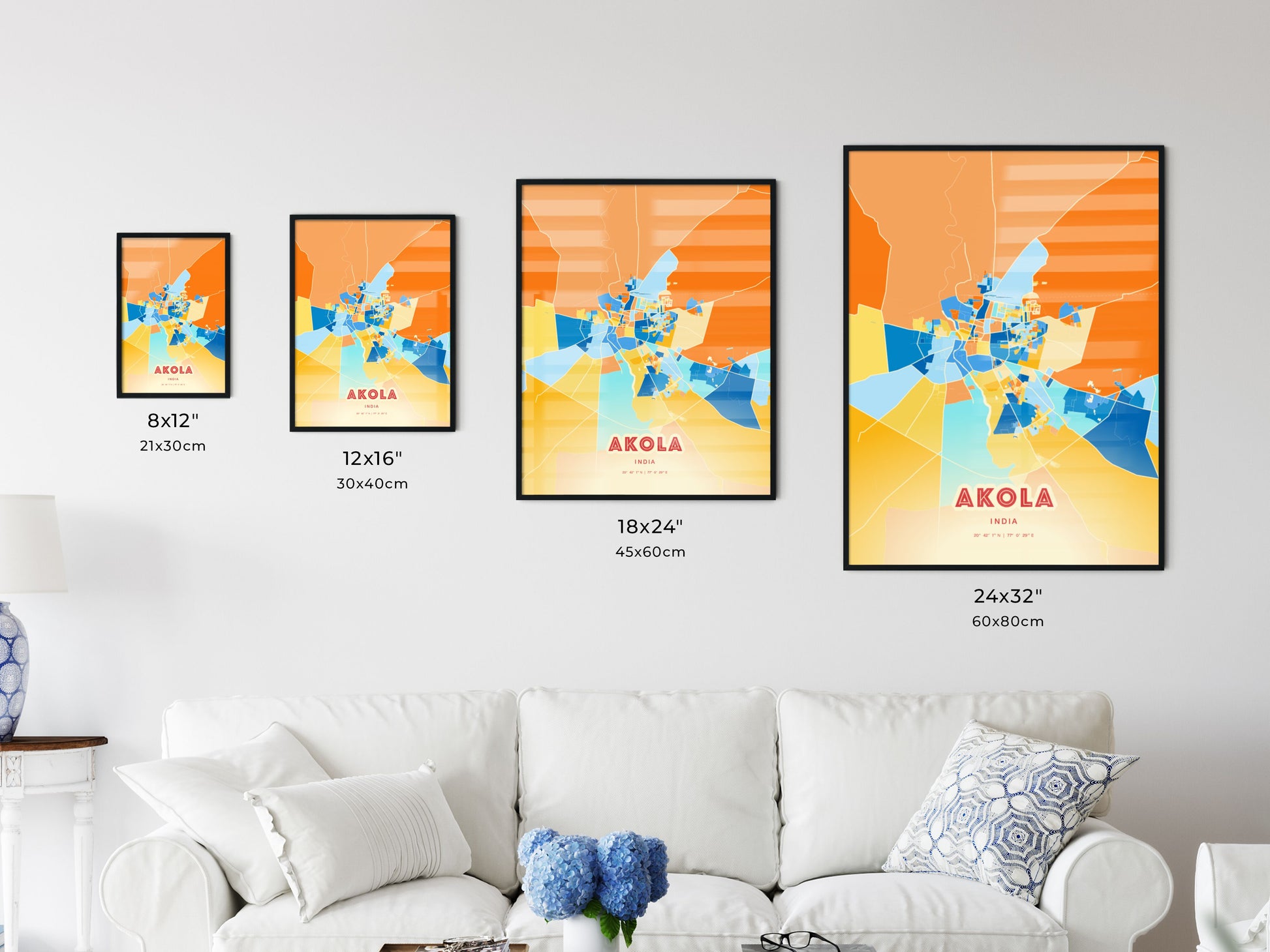 Colorful AKOLA INDIA Fine Art Map Blue Orange