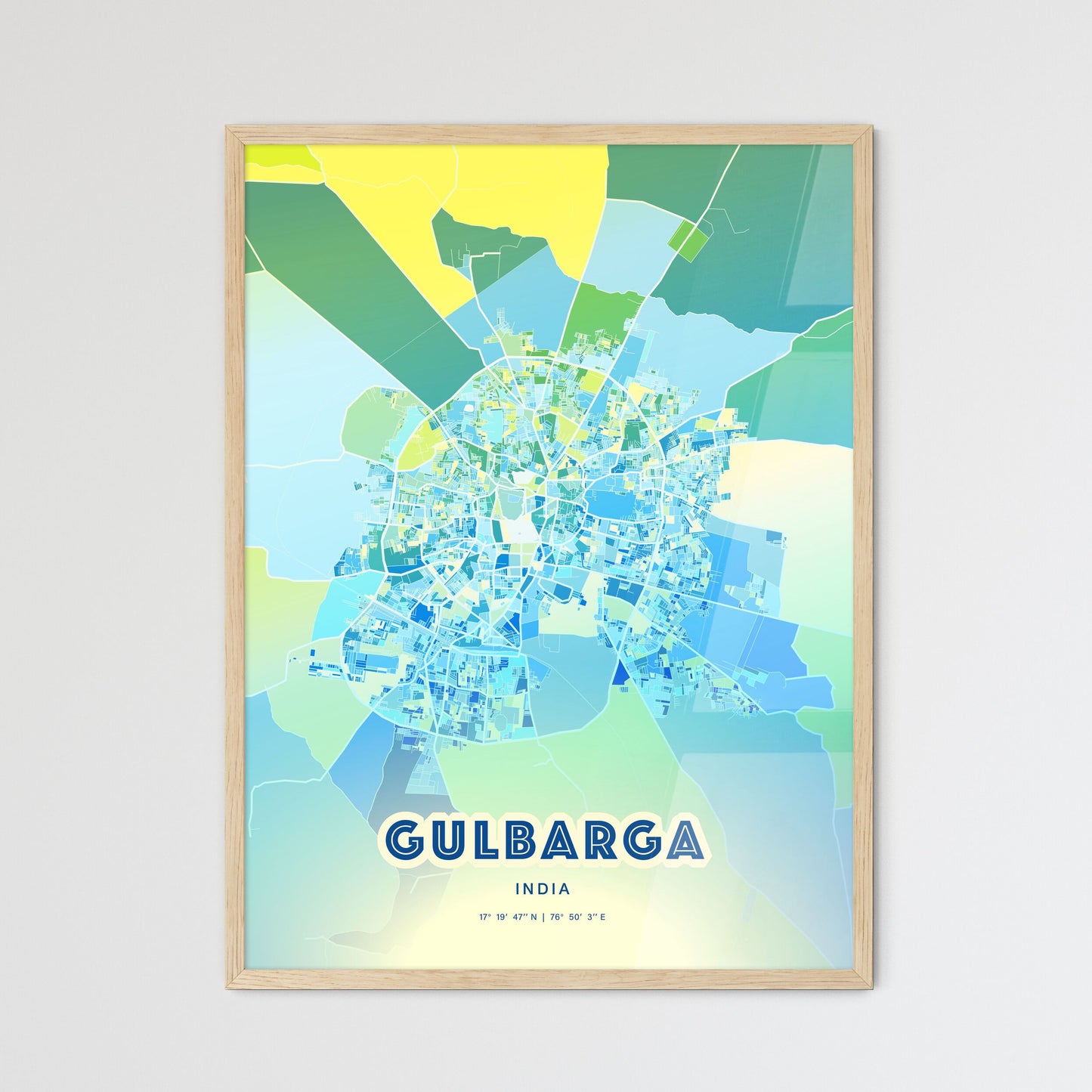 Colorful GULBARGA INDIA Fine Art Map Cool Blue