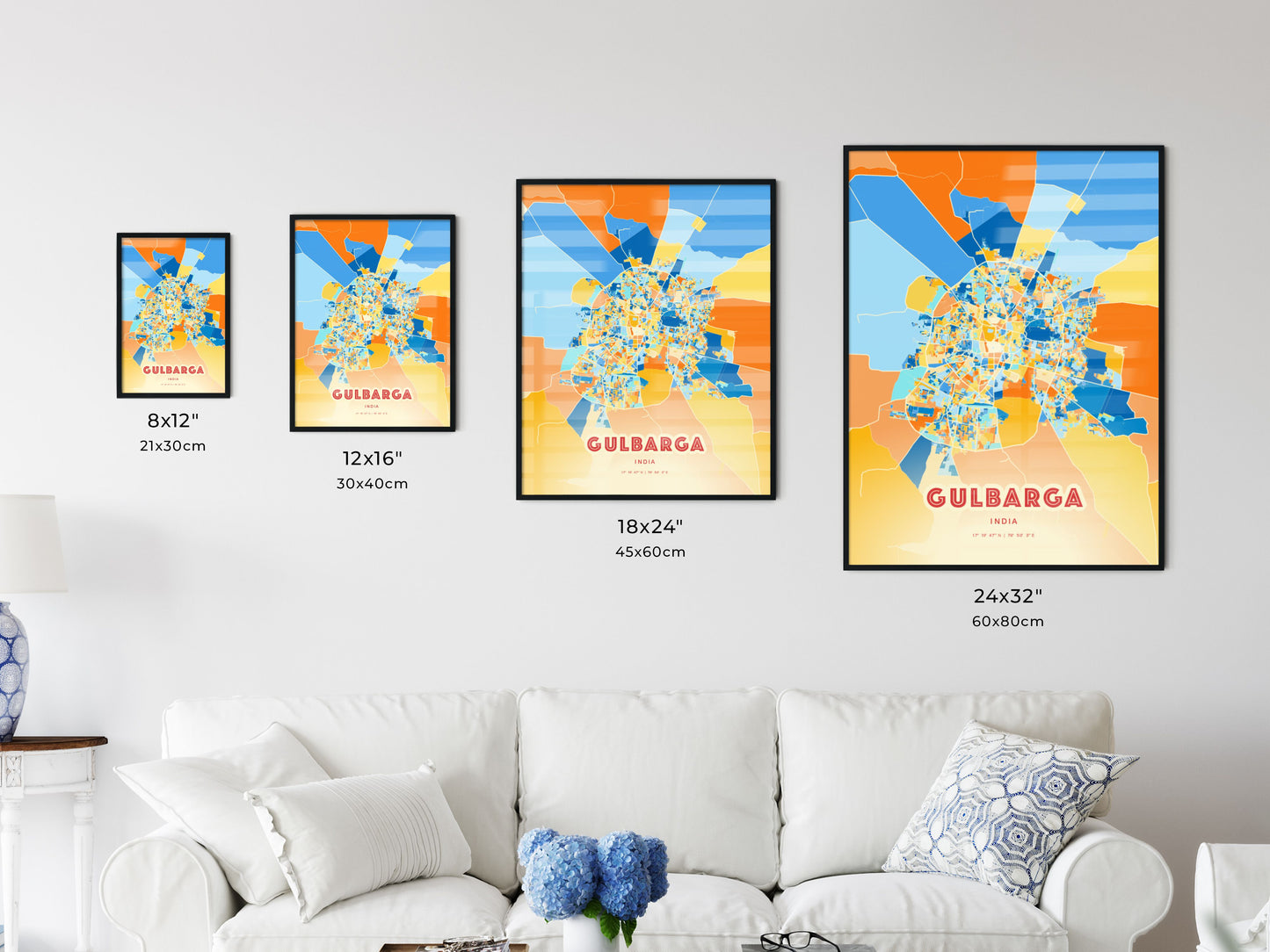 Colorful GULBARGA INDIA Fine Art Map Blue Orange