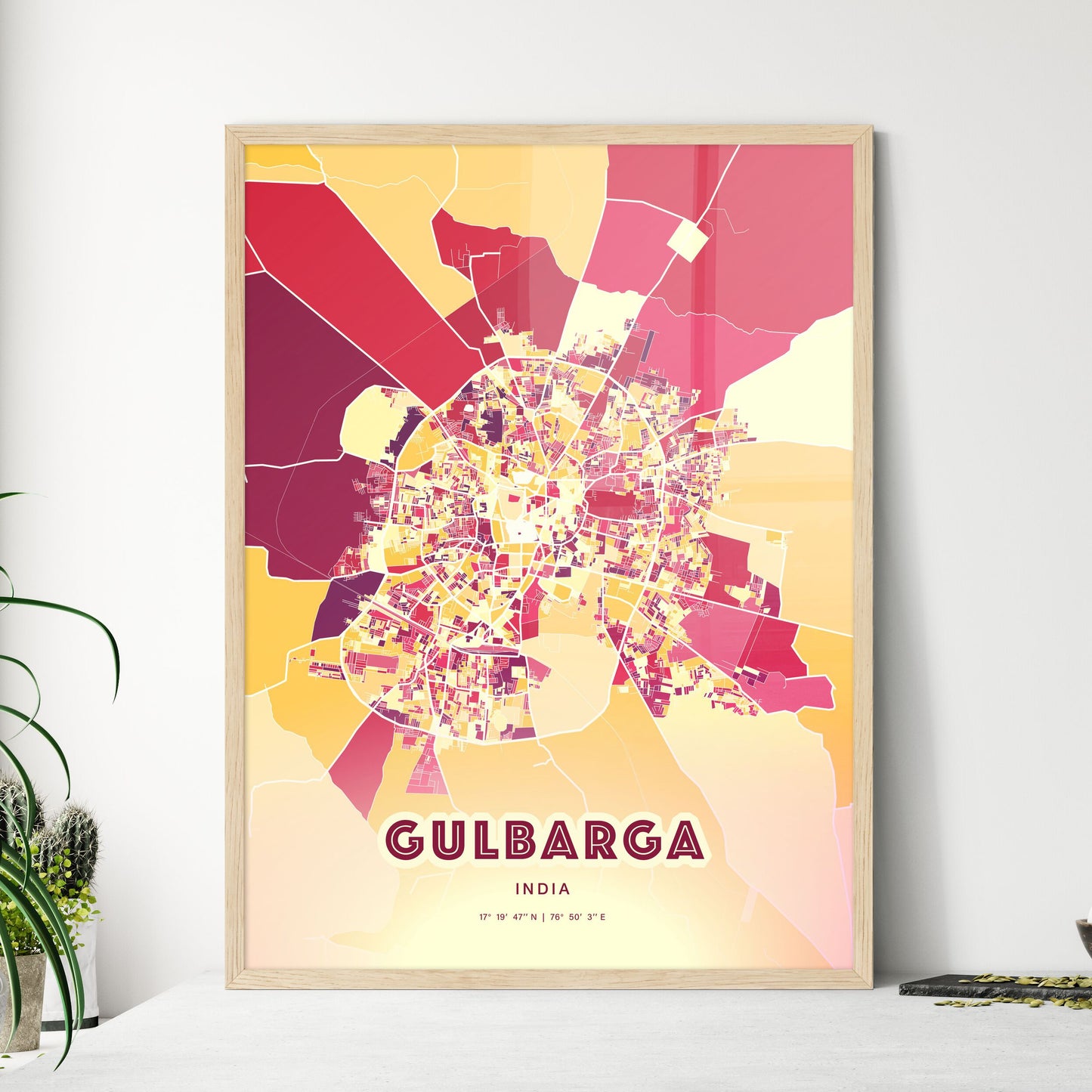 Colorful GULBARGA INDIA Fine Art Map Hot Red