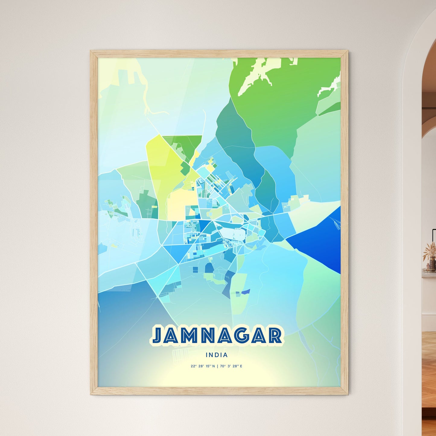 Colorful JAMNAGAR INDIA Fine Art Map Cool Blue