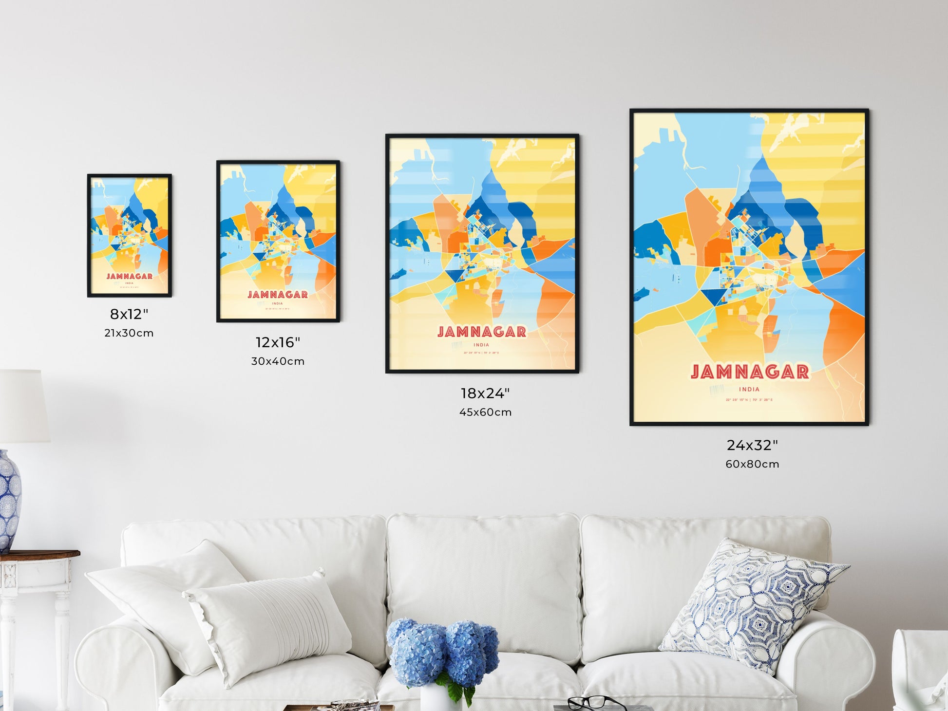 Colorful JAMNAGAR INDIA Fine Art Map Blue Orange