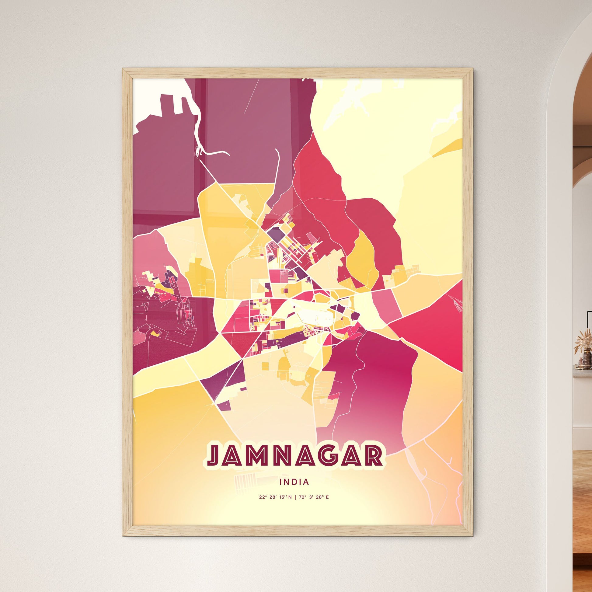 Colorful JAMNAGAR INDIA Fine Art Map Hot Red