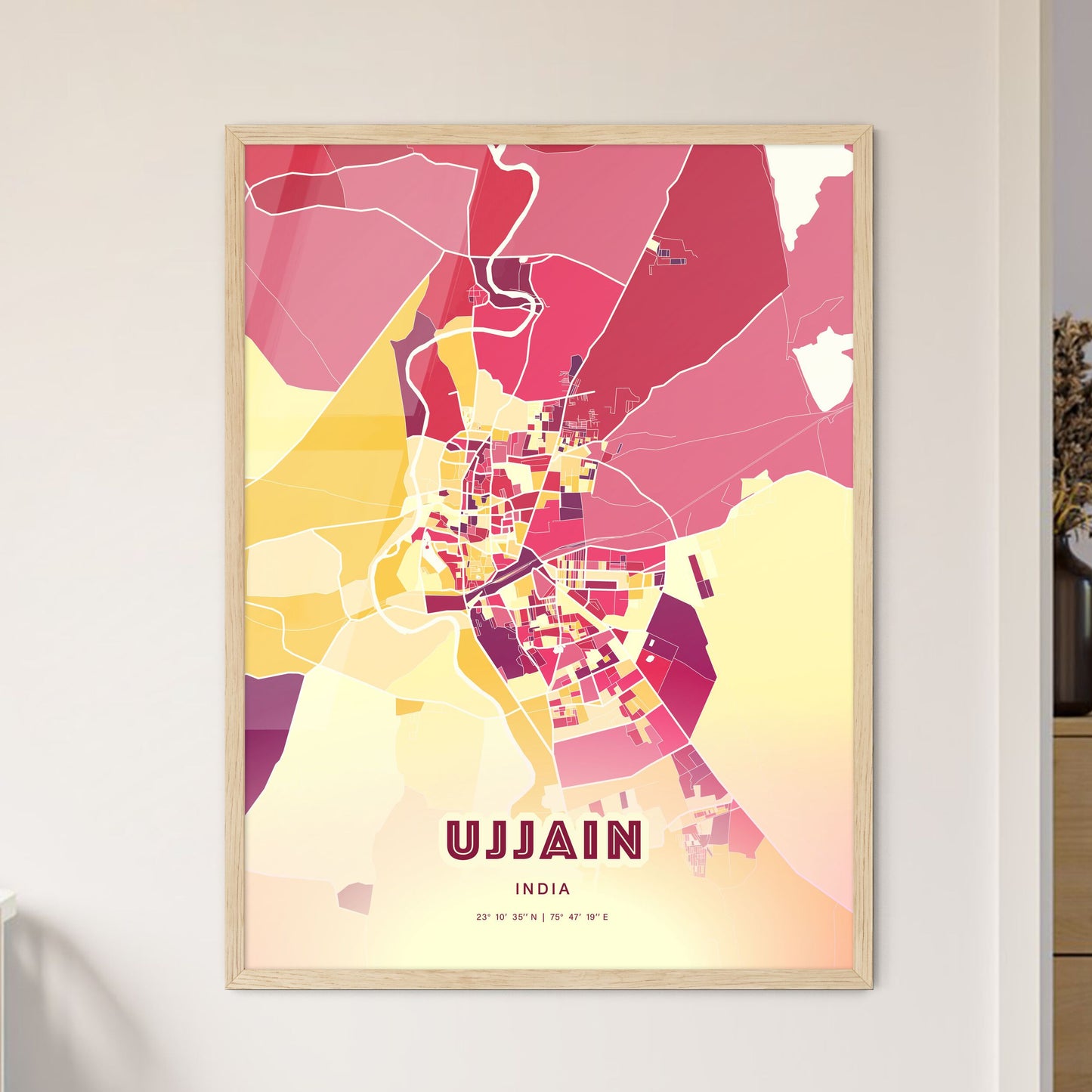 Colorful UJJAIN INDIA Fine Art Map Hot Red