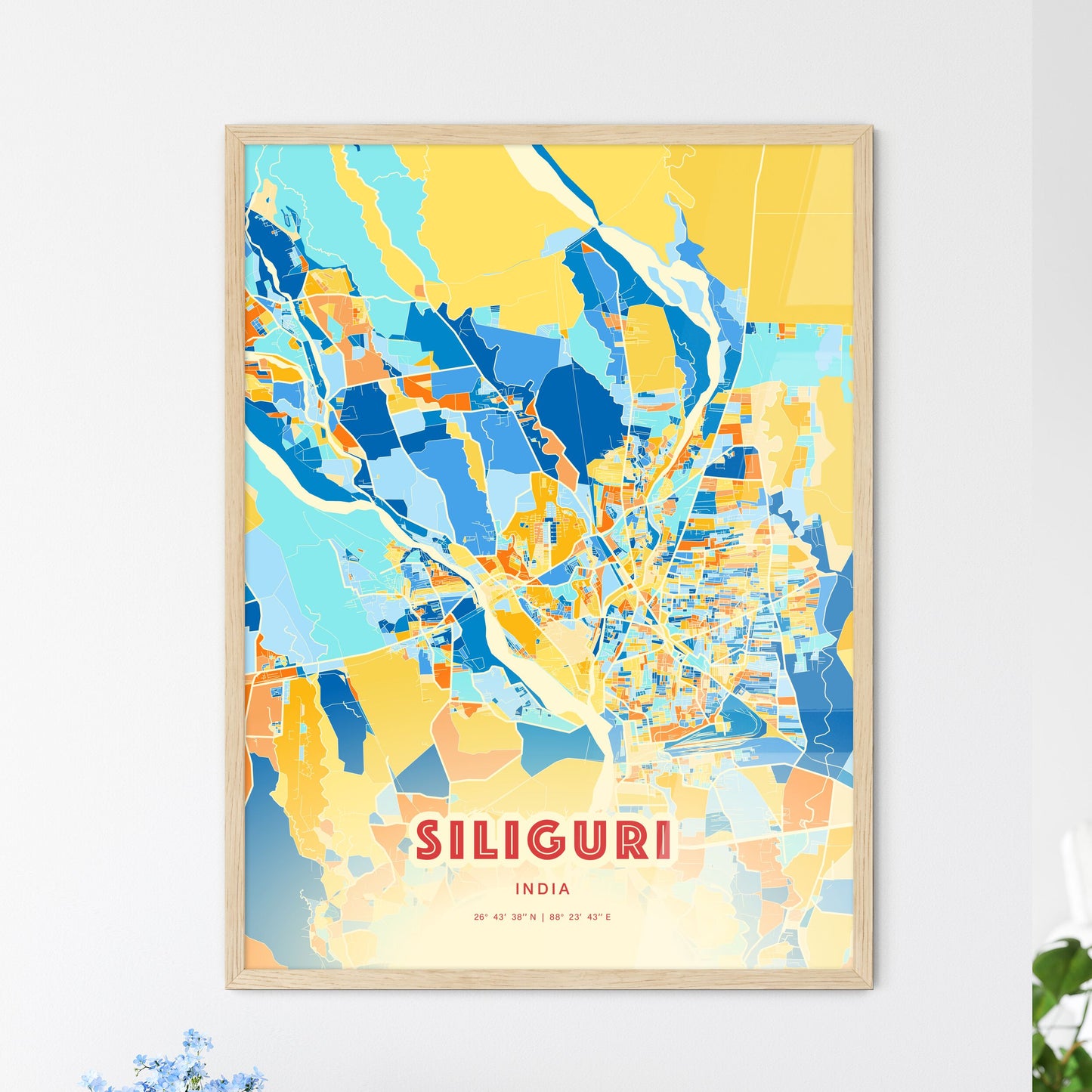 Colorful SILIGURI INDIA Fine Art Map Blue Orange