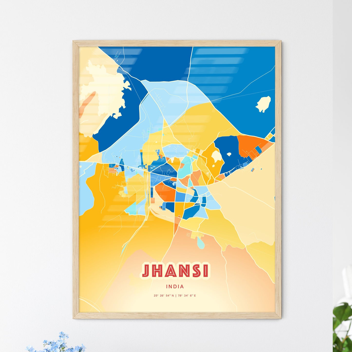 Colorful JHANSI INDIA Fine Art Map Blue Orange