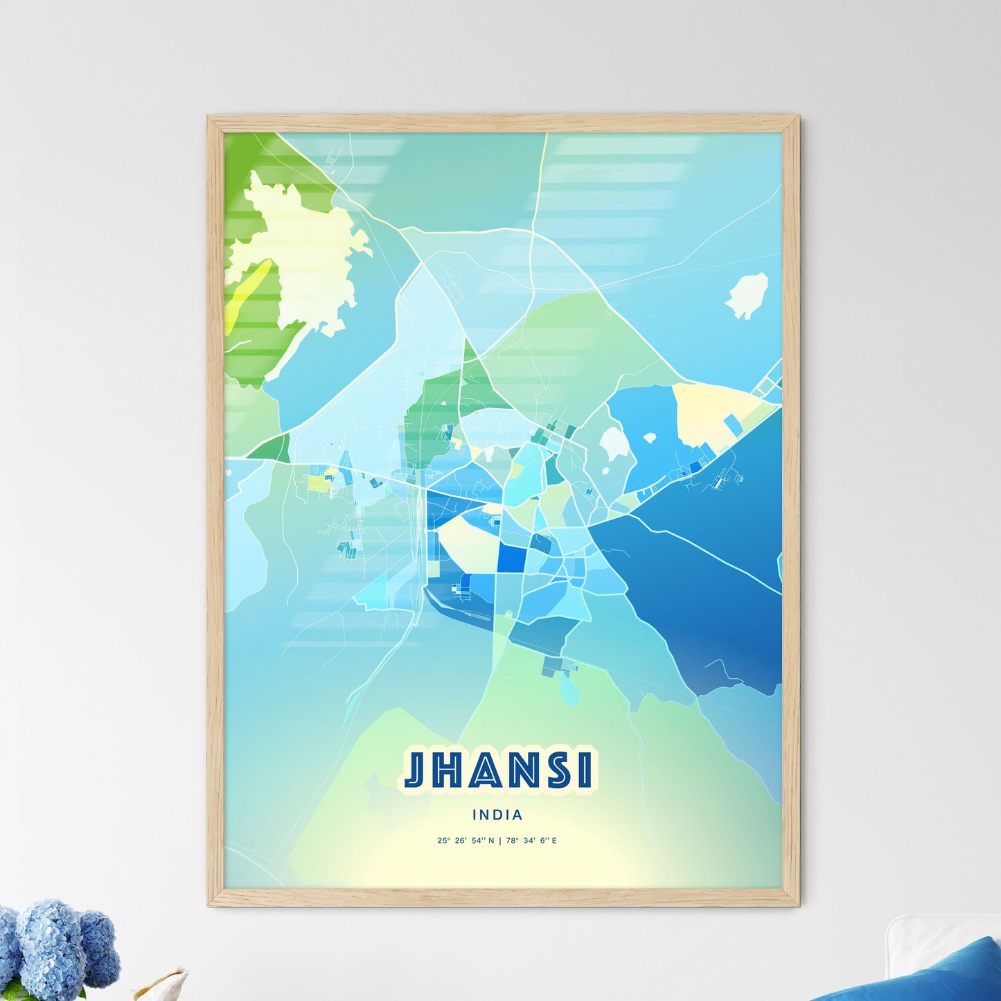 Colorful JHANSI INDIA Fine Art Map Cool Blue