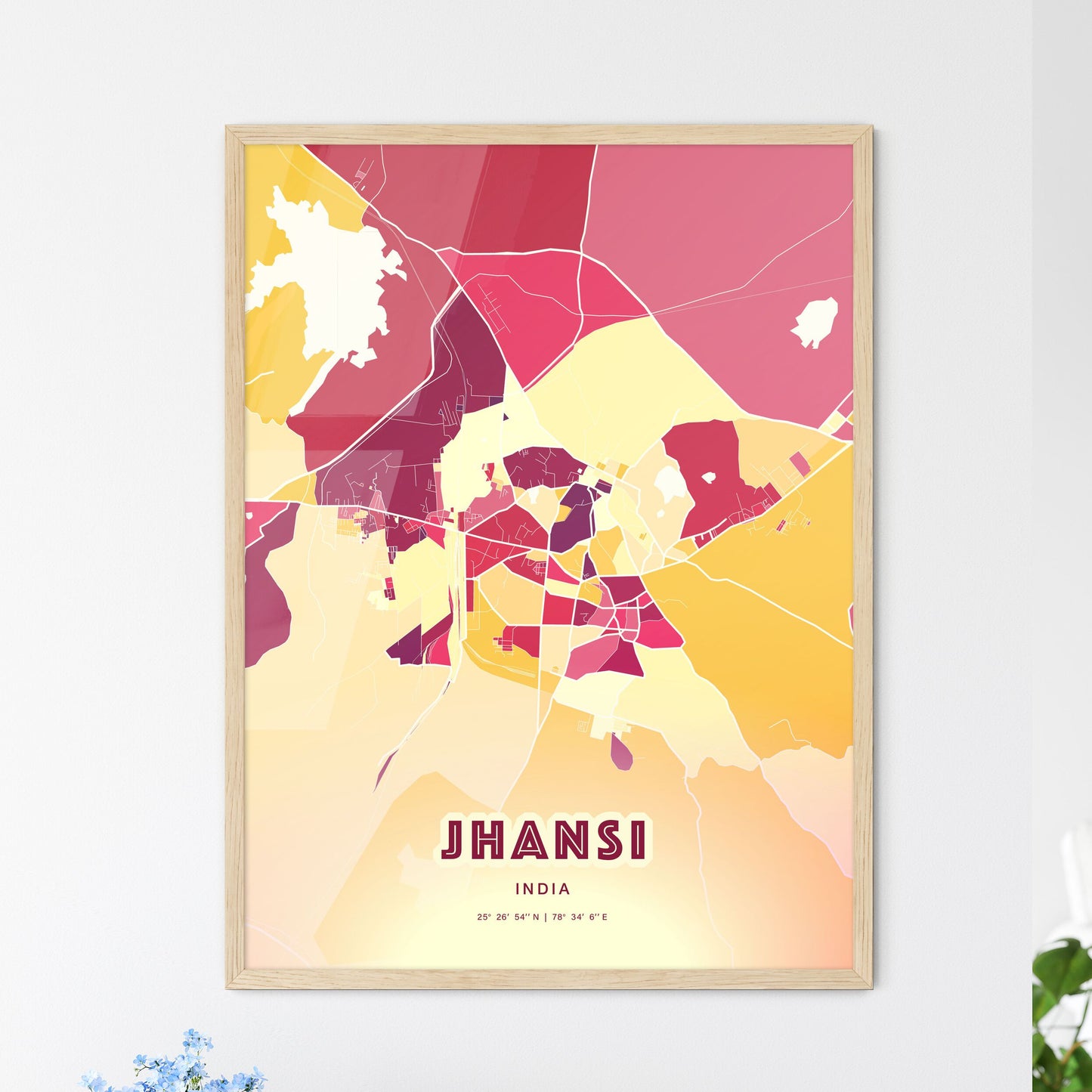 Colorful JHANSI INDIA Fine Art Map Hot Red