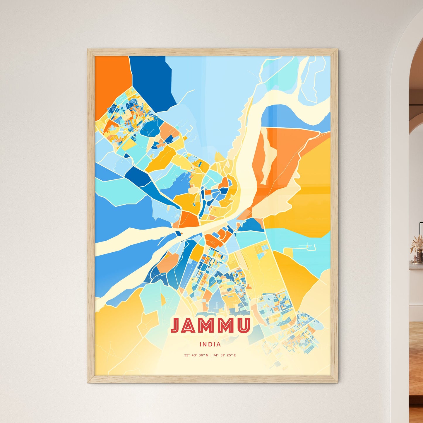 Colorful JAMMU INDIA Fine Art Map Blue Orange