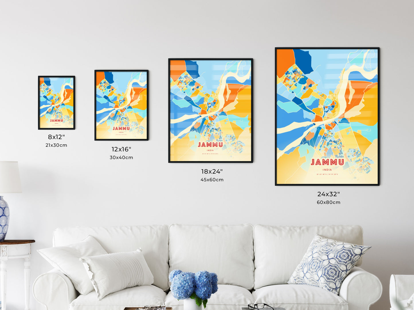 Colorful JAMMU INDIA Fine Art Map Blue Orange