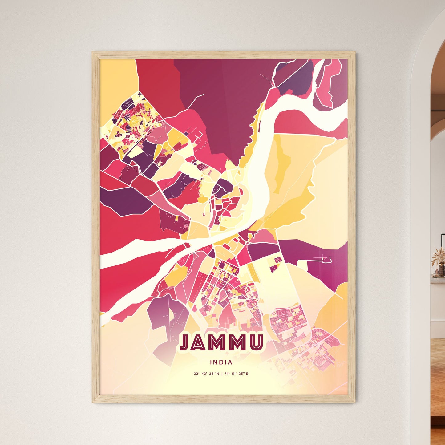 Colorful JAMMU INDIA Fine Art Map Hot Red