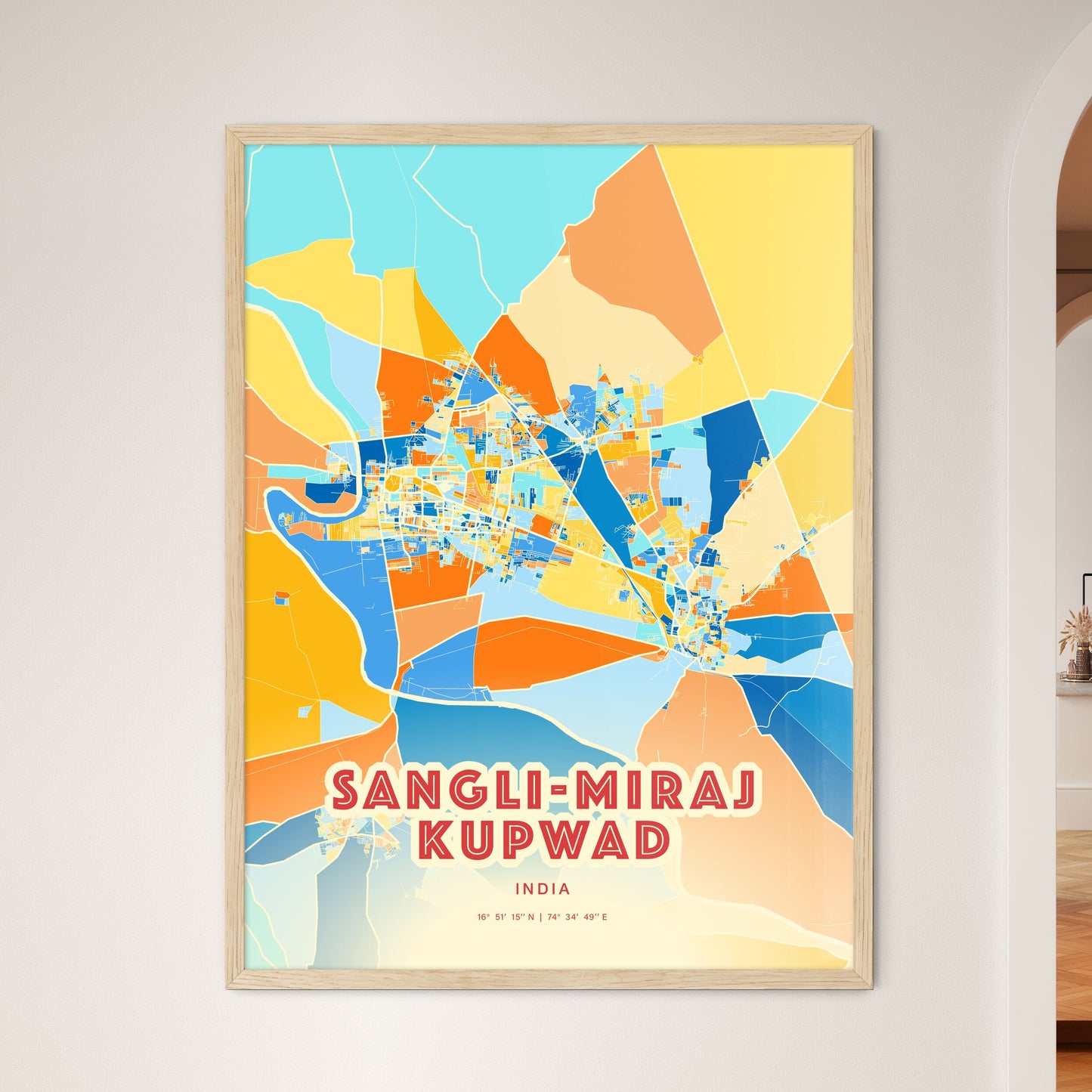 Colorful SANGLI-MIRAJ KUPWAD INDIA Fine Art Map Blue Orange