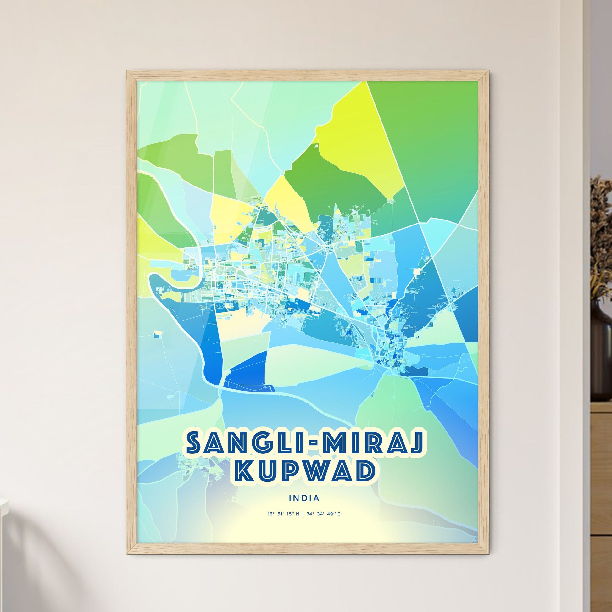 Colorful SANGLI-MIRAJ KUPWAD INDIA Fine Art Map Cool Blue