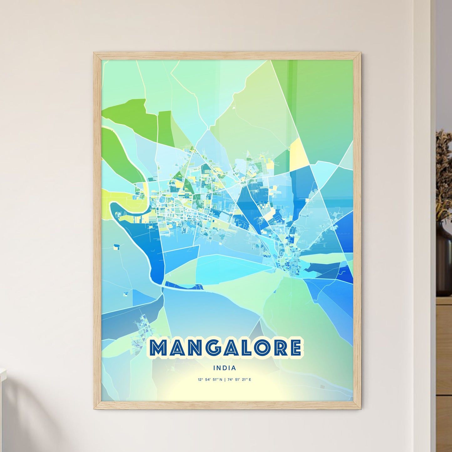 Colorful MANGALORE INDIA Fine Art Map Cool Blue