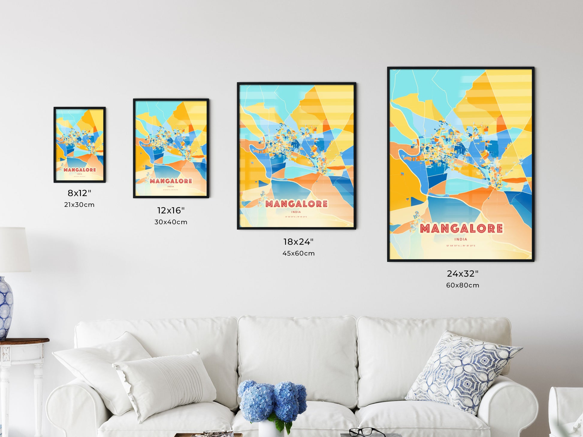 Colorful MANGALORE INDIA Fine Art Map Blue Orange