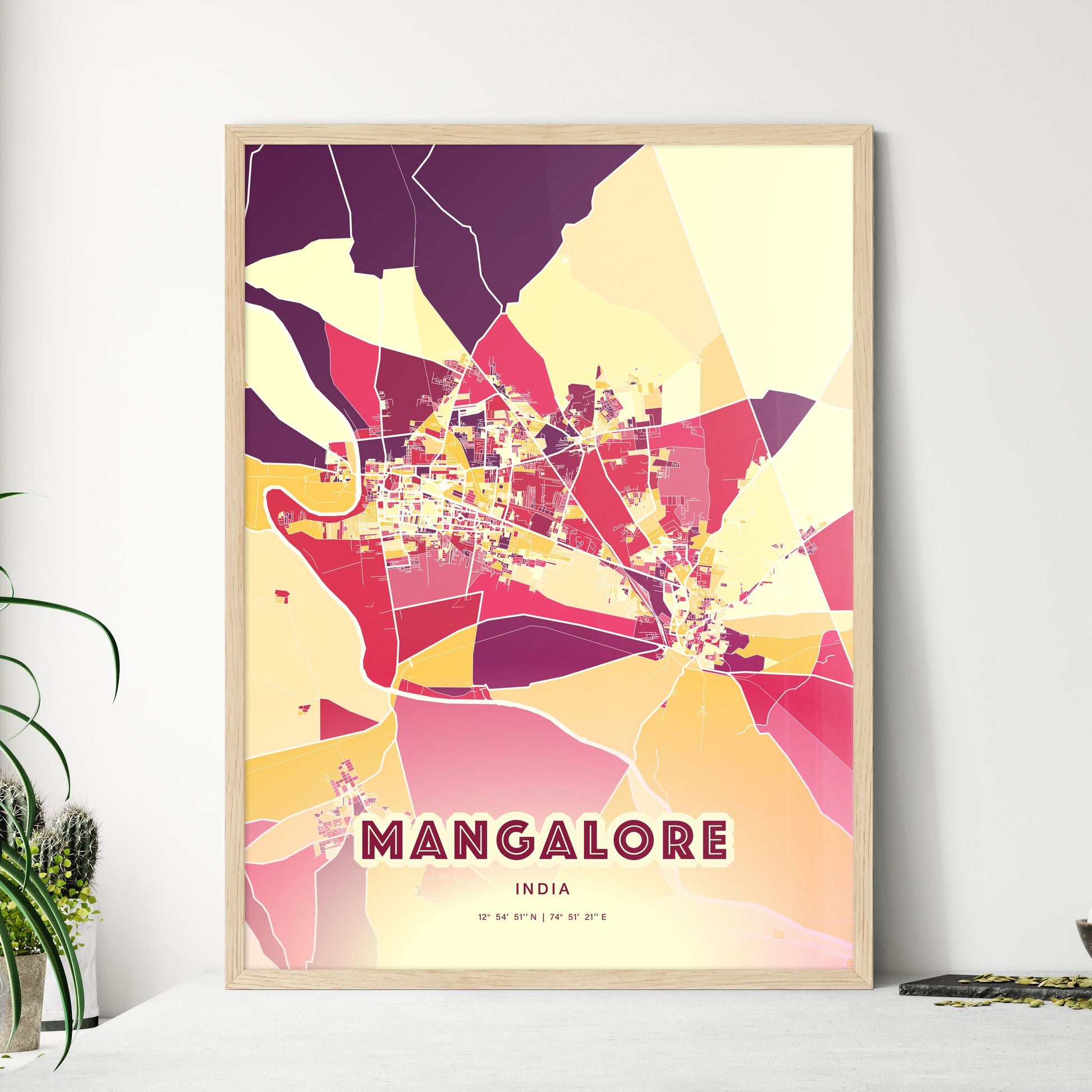 Colorful MANGALORE INDIA Fine Art Map Hot Red