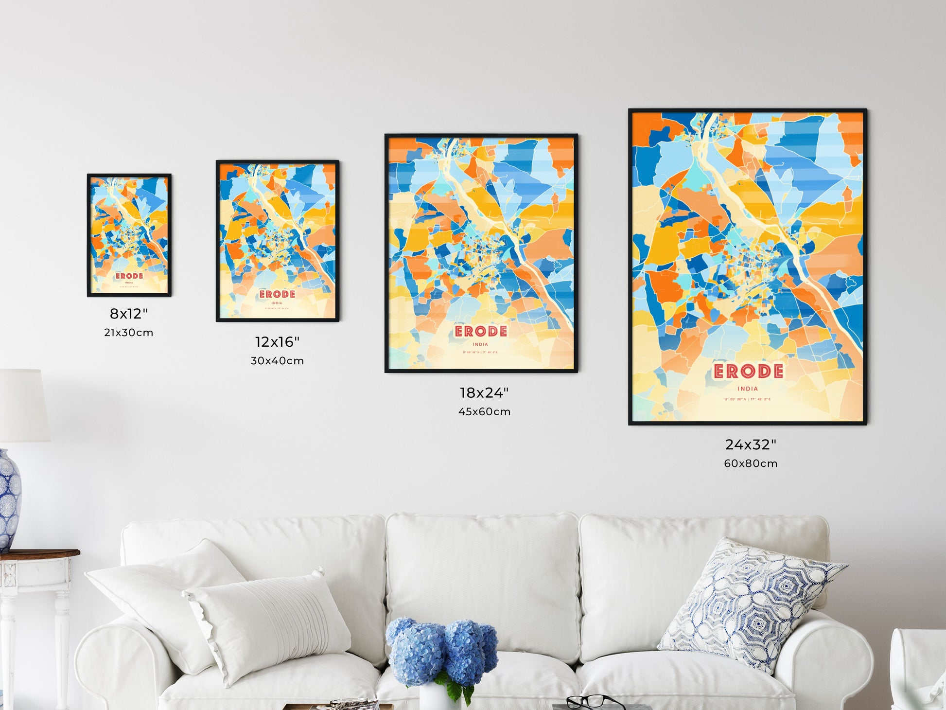 Colorful ERODE INDIA Fine Art Map Blue Orange