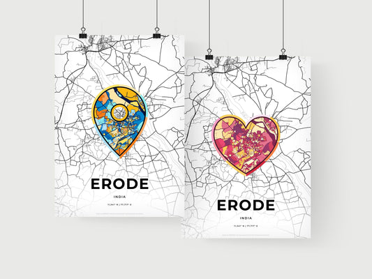 ERODE INDIA minimal art map with a colorful icon. Where it all began, Couple map gift.