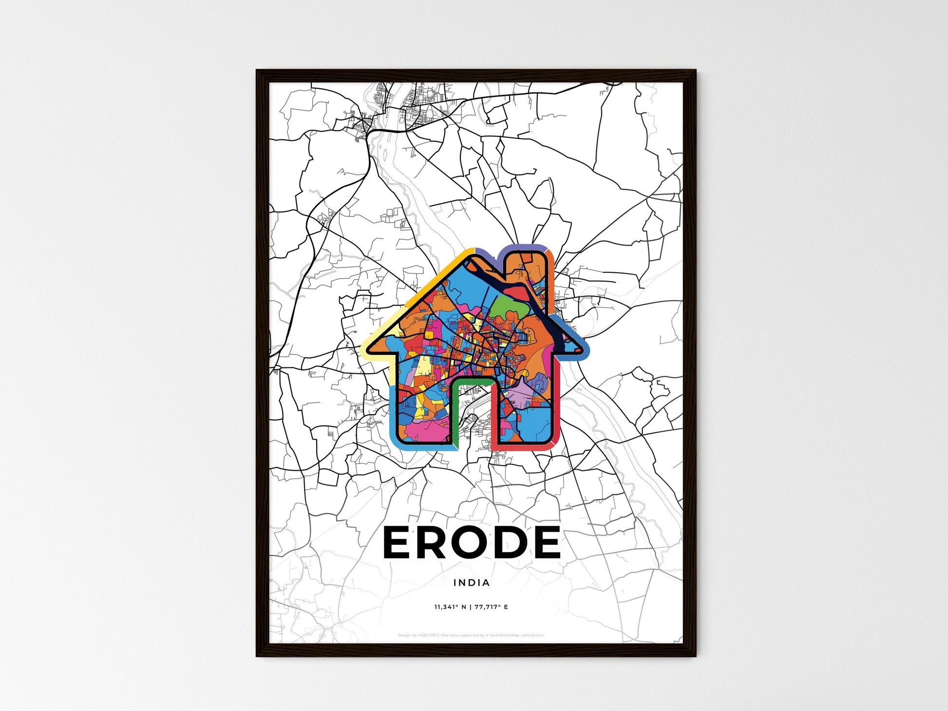 ERODE INDIA minimal art map with a colorful icon. Where it all began, Couple map gift. Style 3