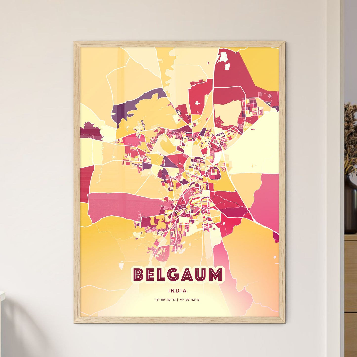 Colorful BELGAUM INDIA Fine Art Map Hot Red