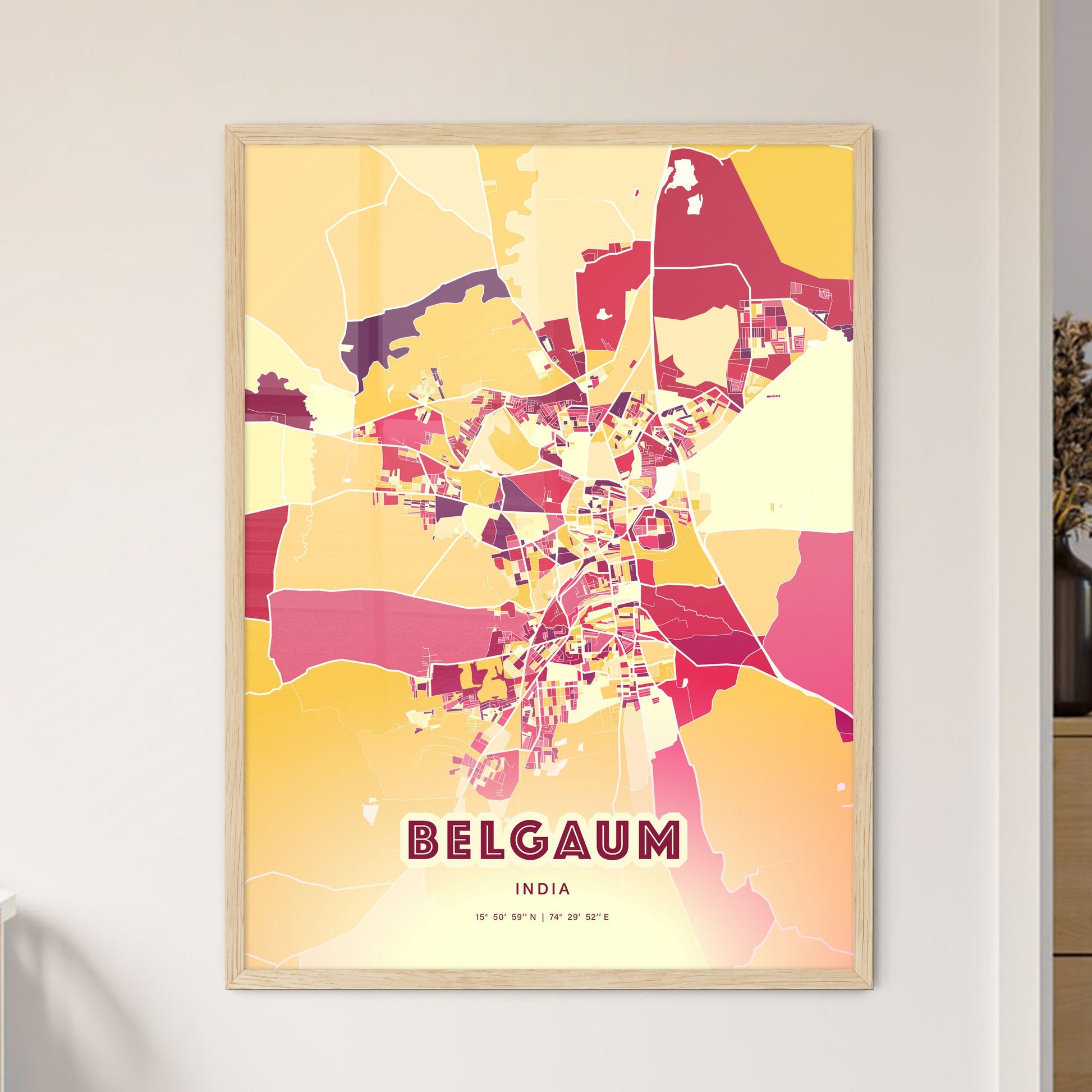 Colorful BELGAUM INDIA Fine Art Map Hot Red