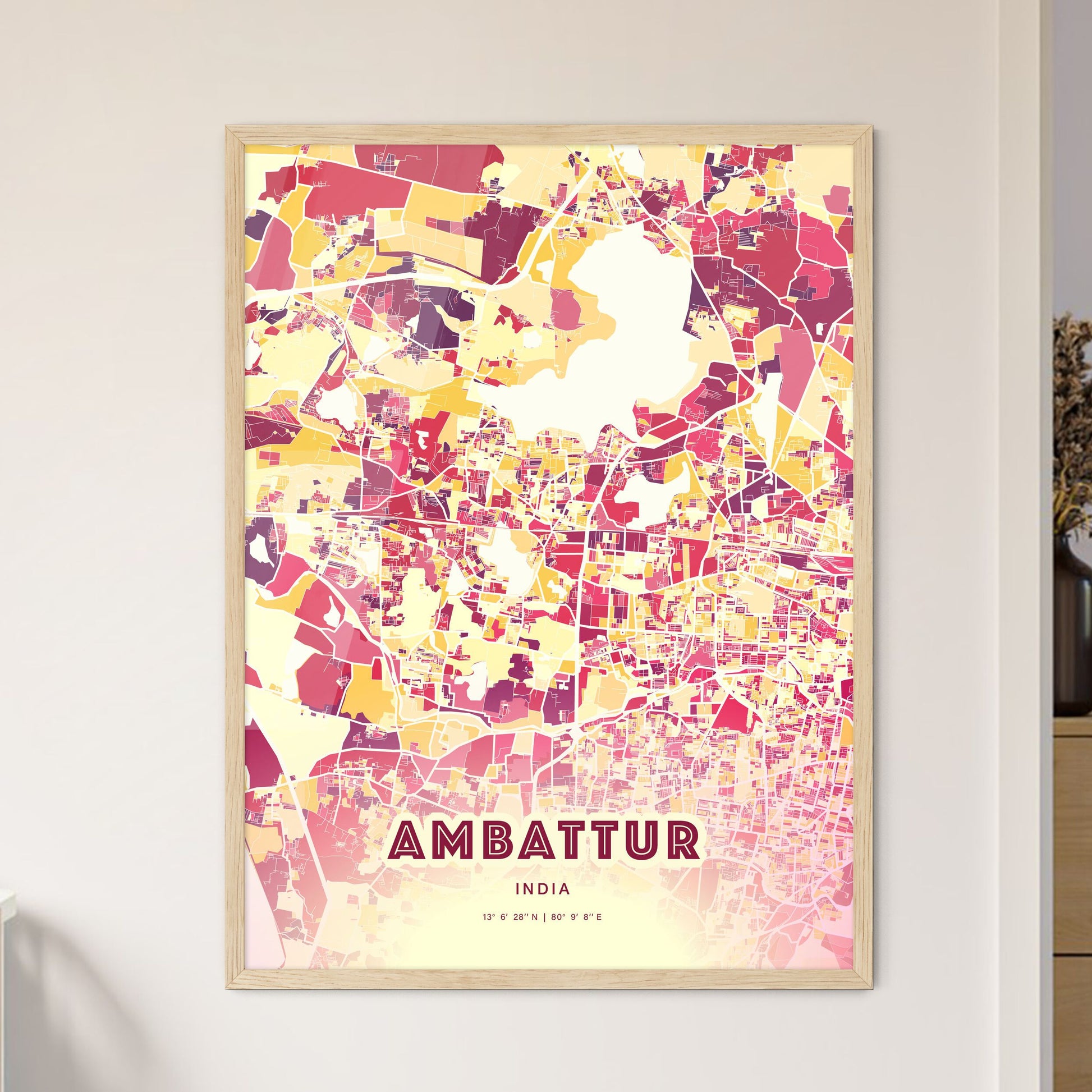 Colorful AMBATTUR INDIA Fine Art Map Hot Red