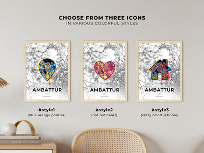 AMBATTUR INDIA minimal art map with a colorful icon. Where it all began, Couple map gift.