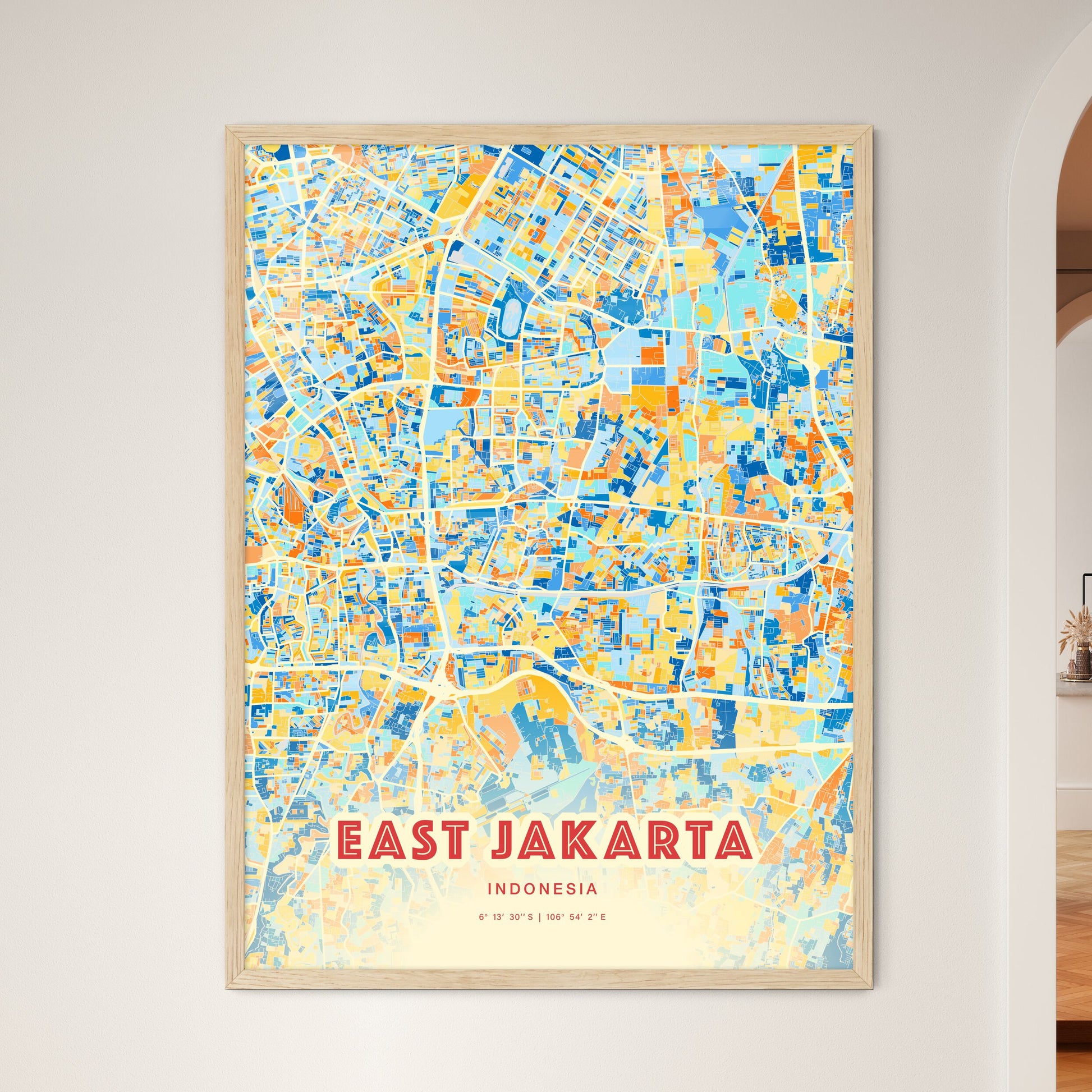 Colorful East Jakarta Indonesia Fine Art Map Blue Orange
