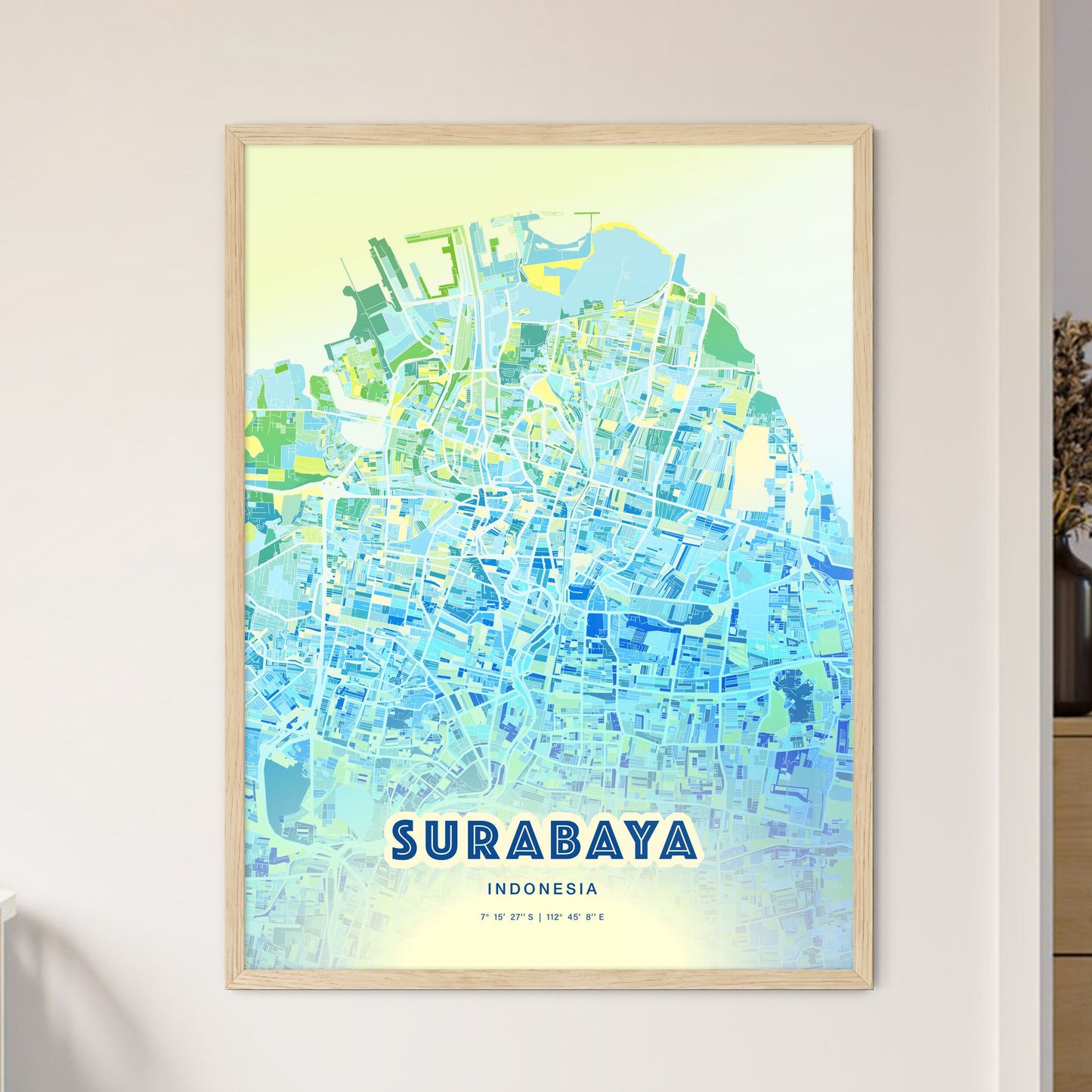 Colorful SURABAYA INDONESIA Fine Art Map Cool Blue