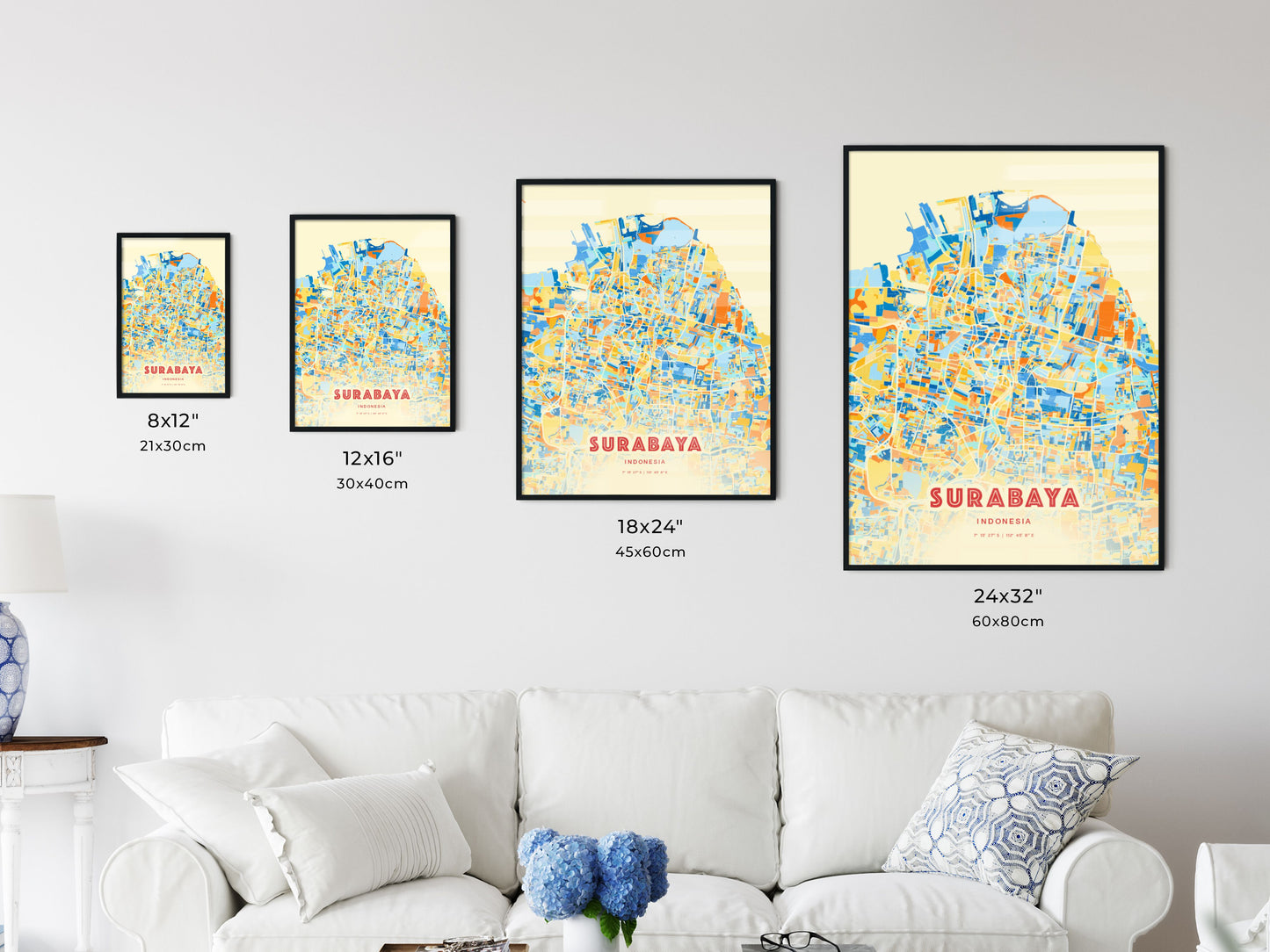 Colorful SURABAYA INDONESIA Fine Art Map Blue Orange