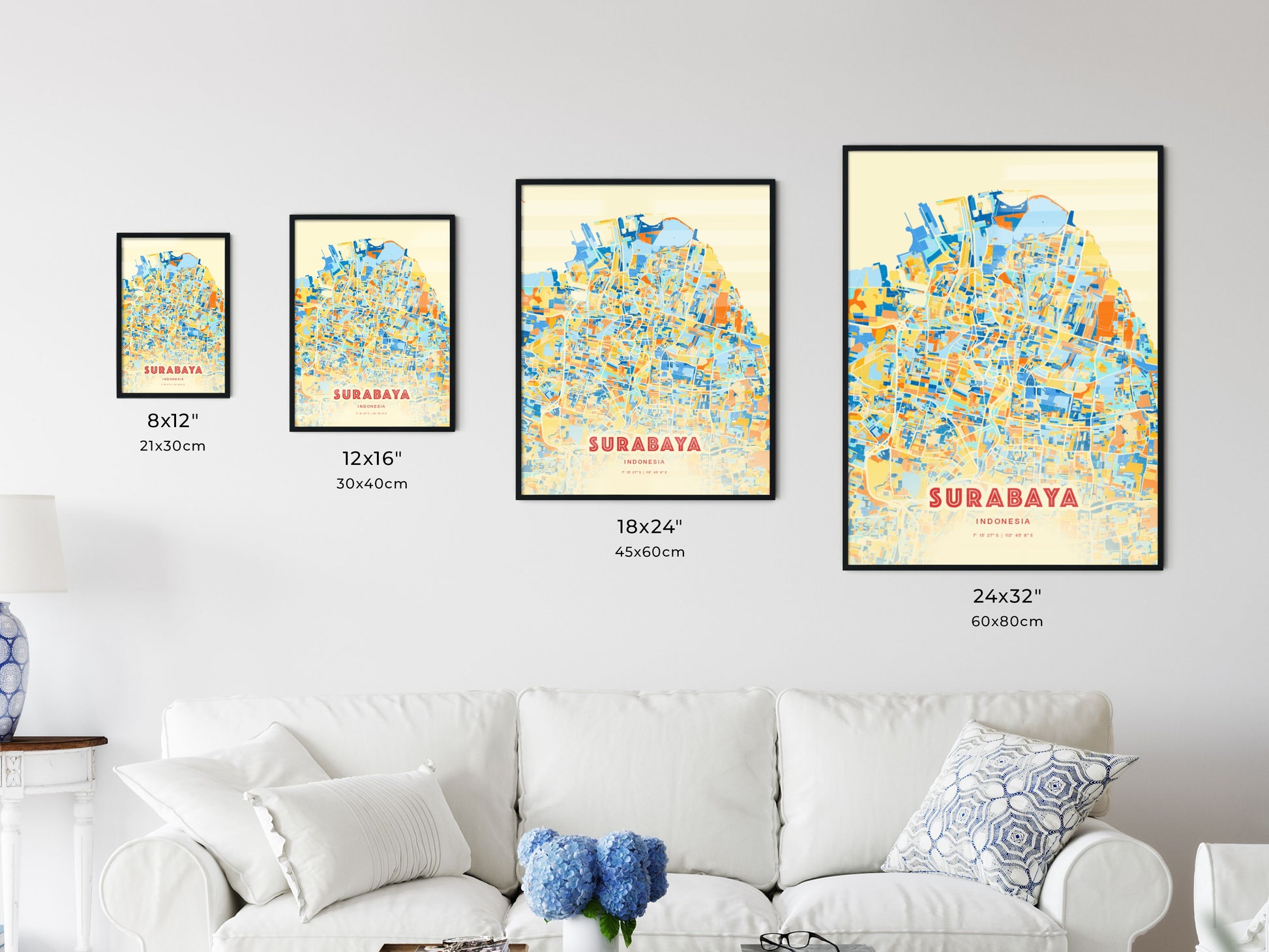 Colorful SURABAYA INDONESIA Fine Art Map Blue Orange