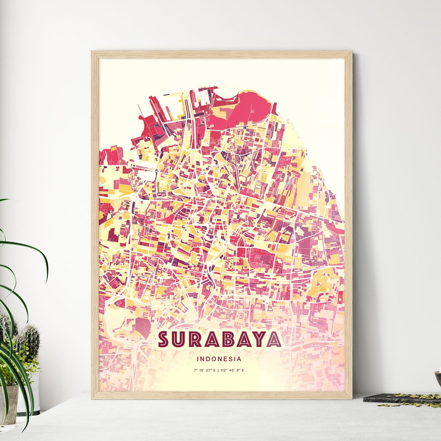 Colorful SURABAYA INDONESIA Fine Art Map Hot Red