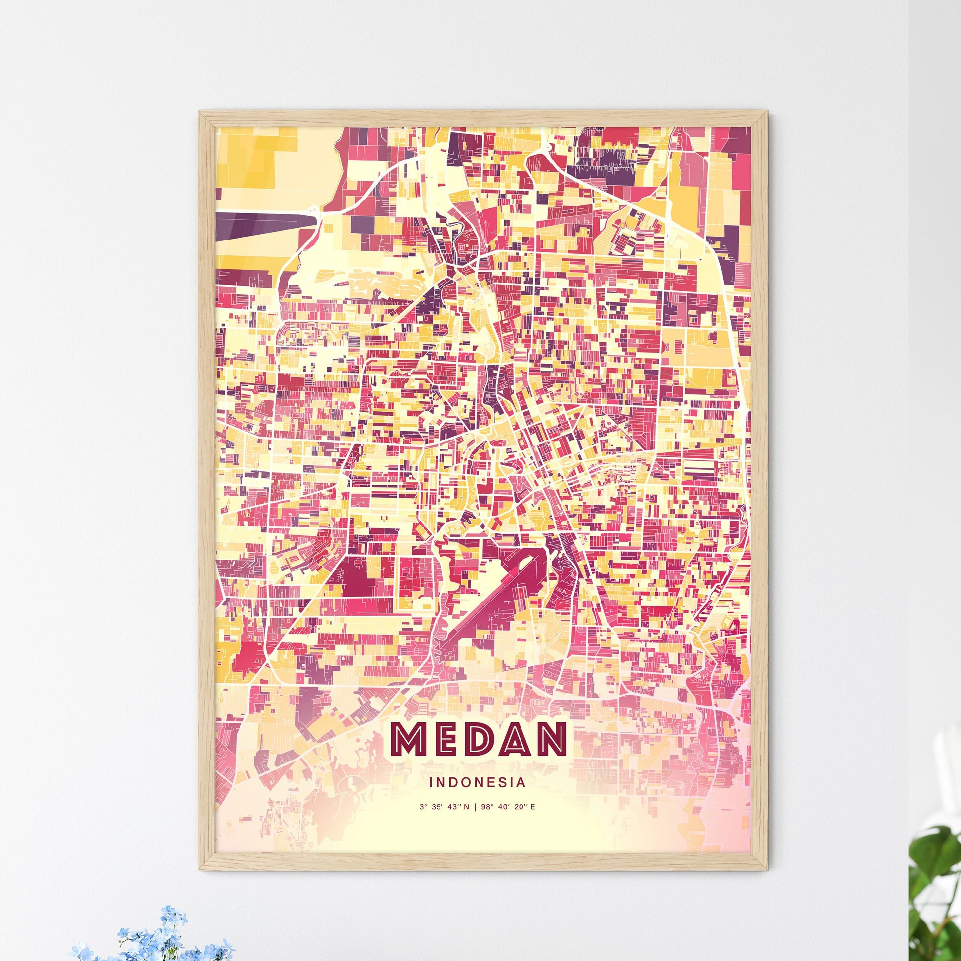 Colorful MEDAN INDONESIA Fine Art Map Hot Red