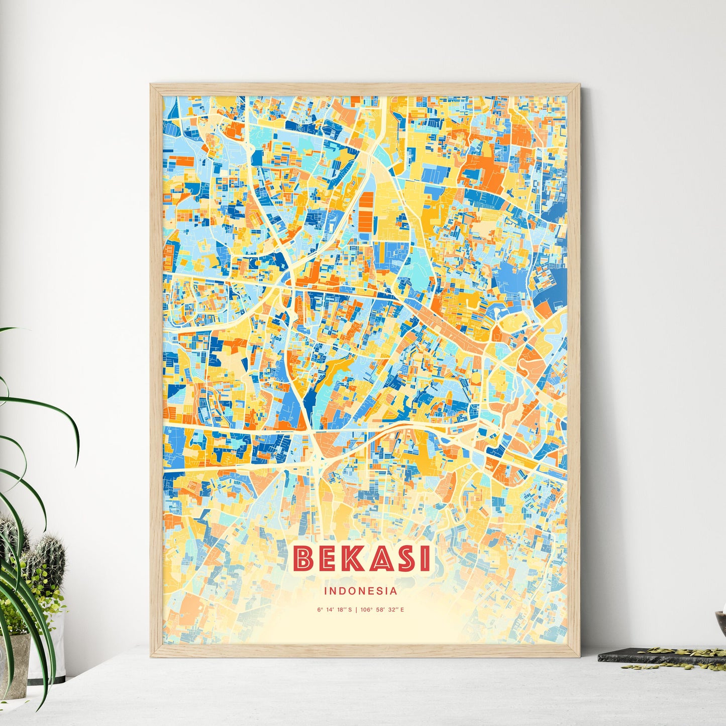 Colorful BEKASI INDONESIA Fine Art Map Blue Orange