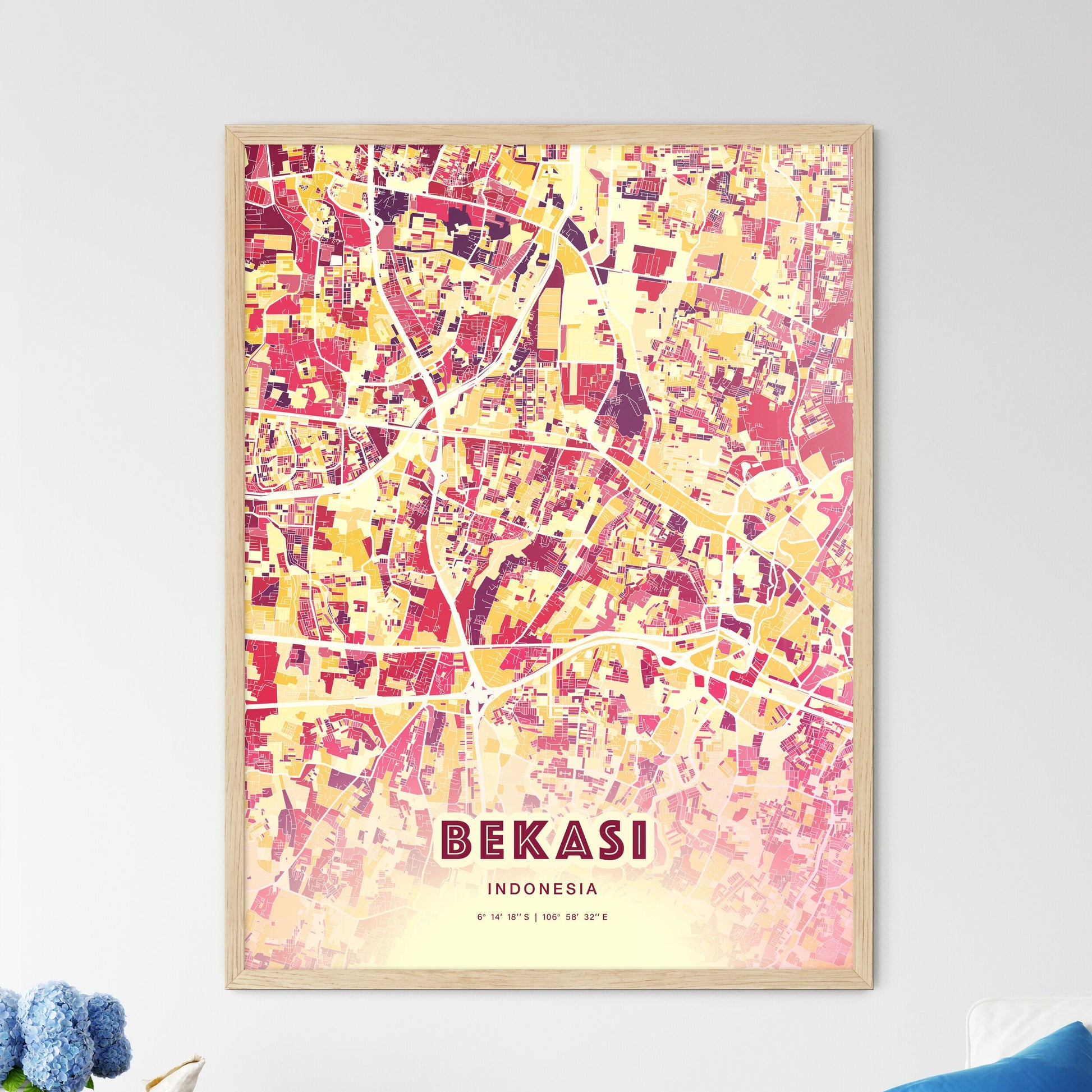 Colorful BEKASI INDONESIA Fine Art Map Hot Red