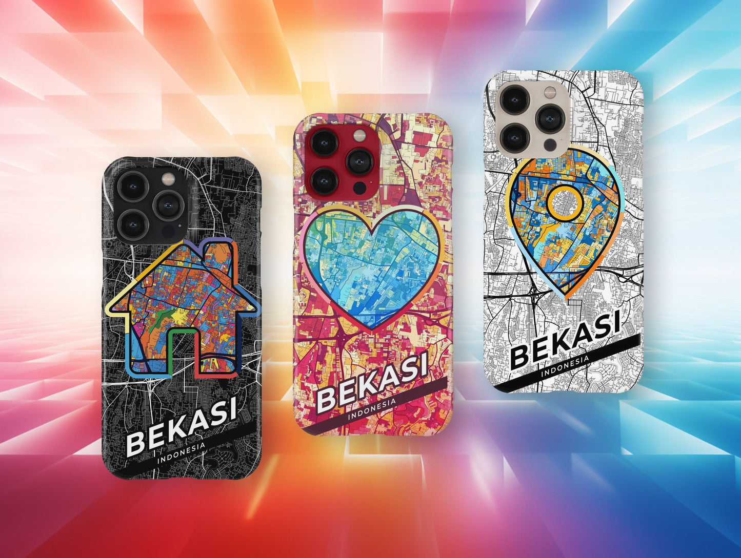 Bekasi Indonesia slim phone case with colorful icon. Birthday, wedding or housewarming gift. Couple match cases.