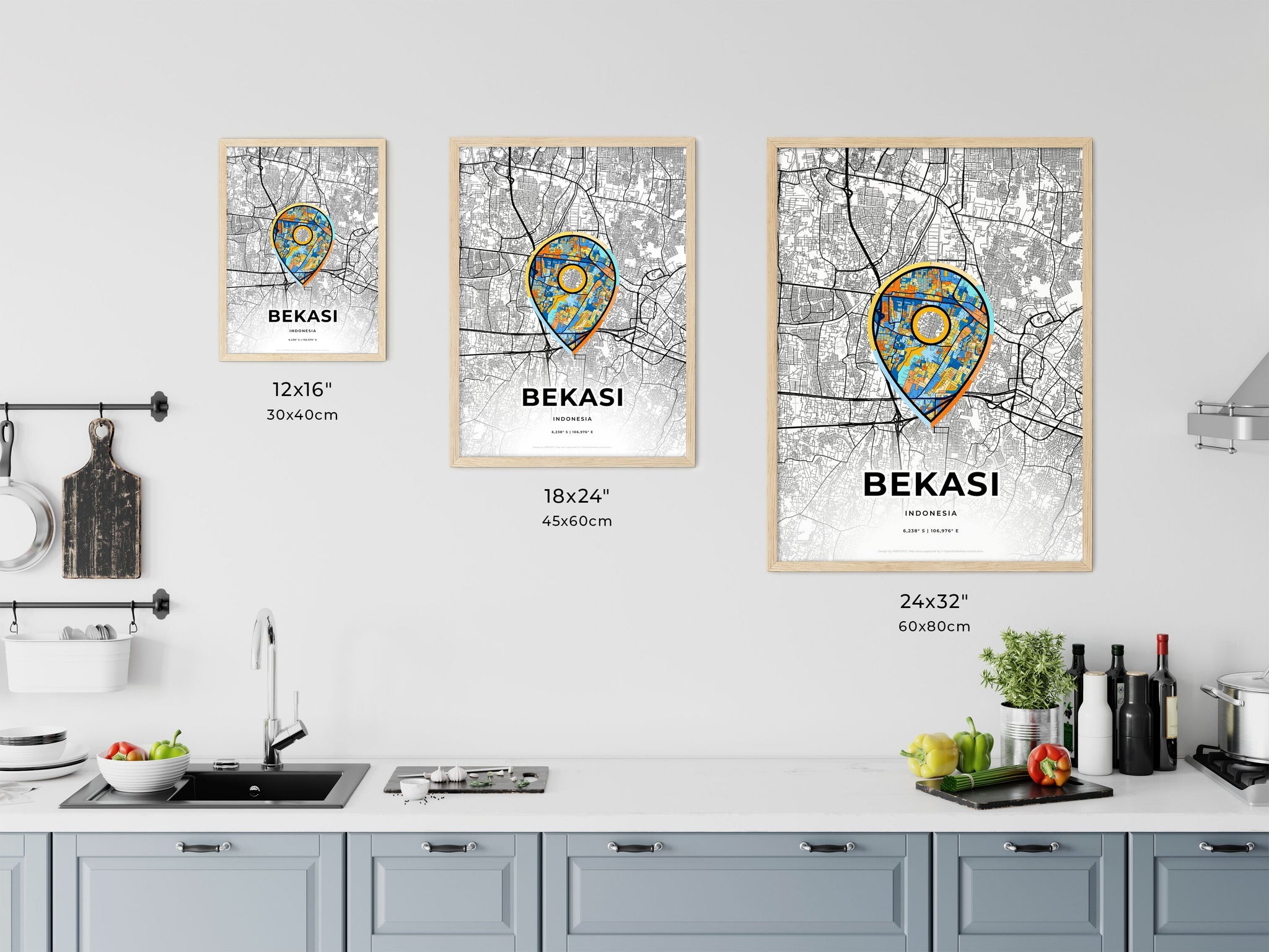 BEKASI INDONESIA minimal art map with a colorful icon. Creative city ...