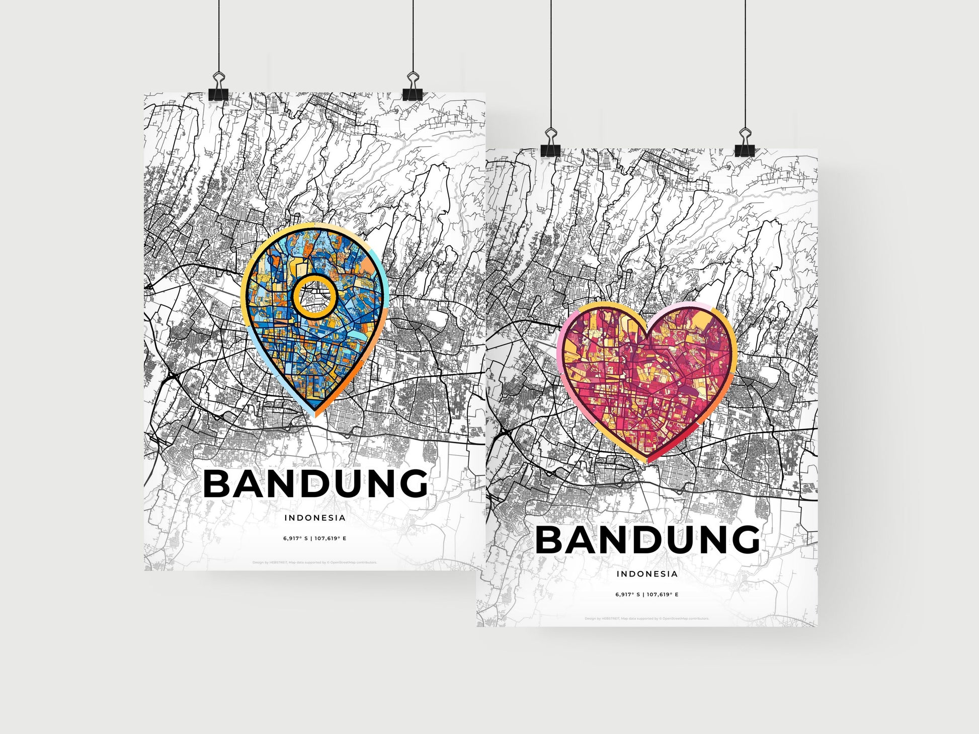 BANDUNG INDONESIA minimal art map with a colorful icon. Where it all began, Couple map gift.