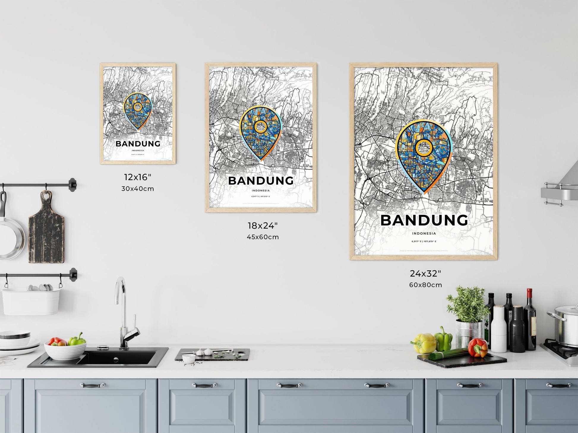 BANDUNG INDONESIA minimal art map with a colorful icon. Where it all began, Couple map gift.